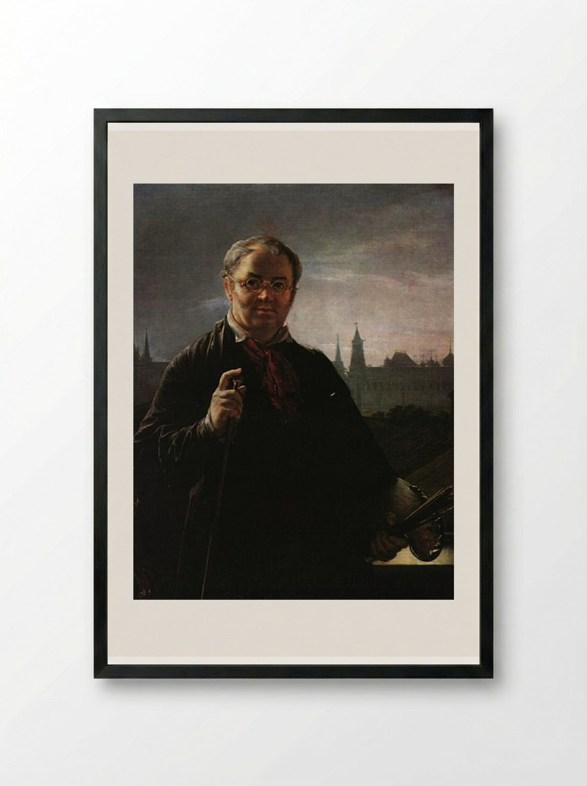 Self-Portrait with Brushes and a Palette Against a Window Facing the Kremlin - Vasily Tropinin - Framed Print Black