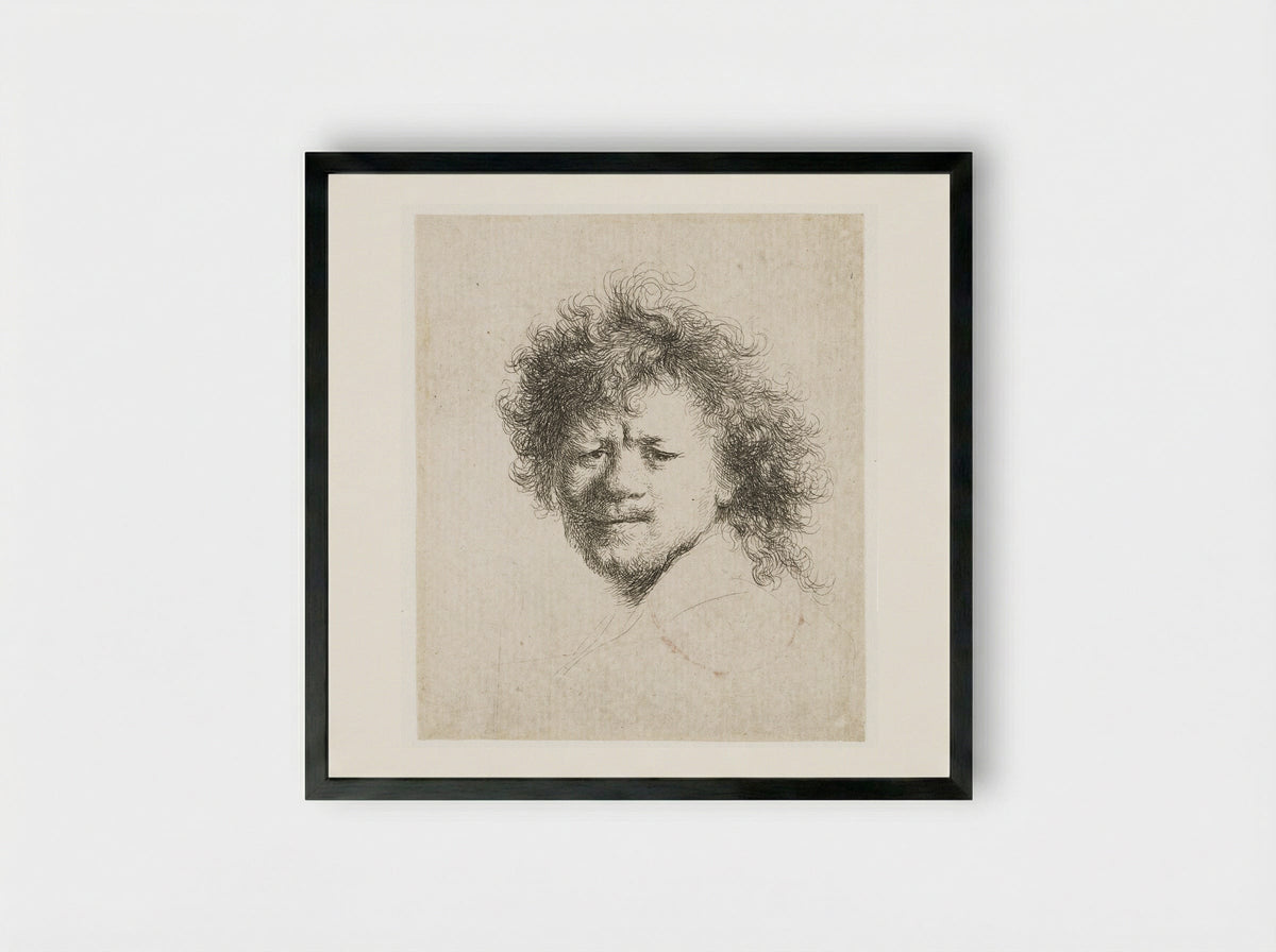 Self-Portrait with Dishevelled Hair - Rembrandt van Rijn - Framed Print Black