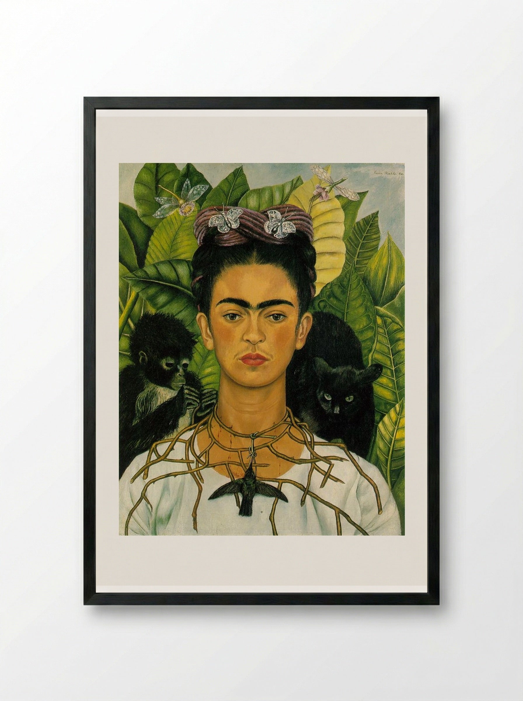 Self-Portrait with Thorn Necklace and Hummingbird - Frida Kahlo - Framed Print Black