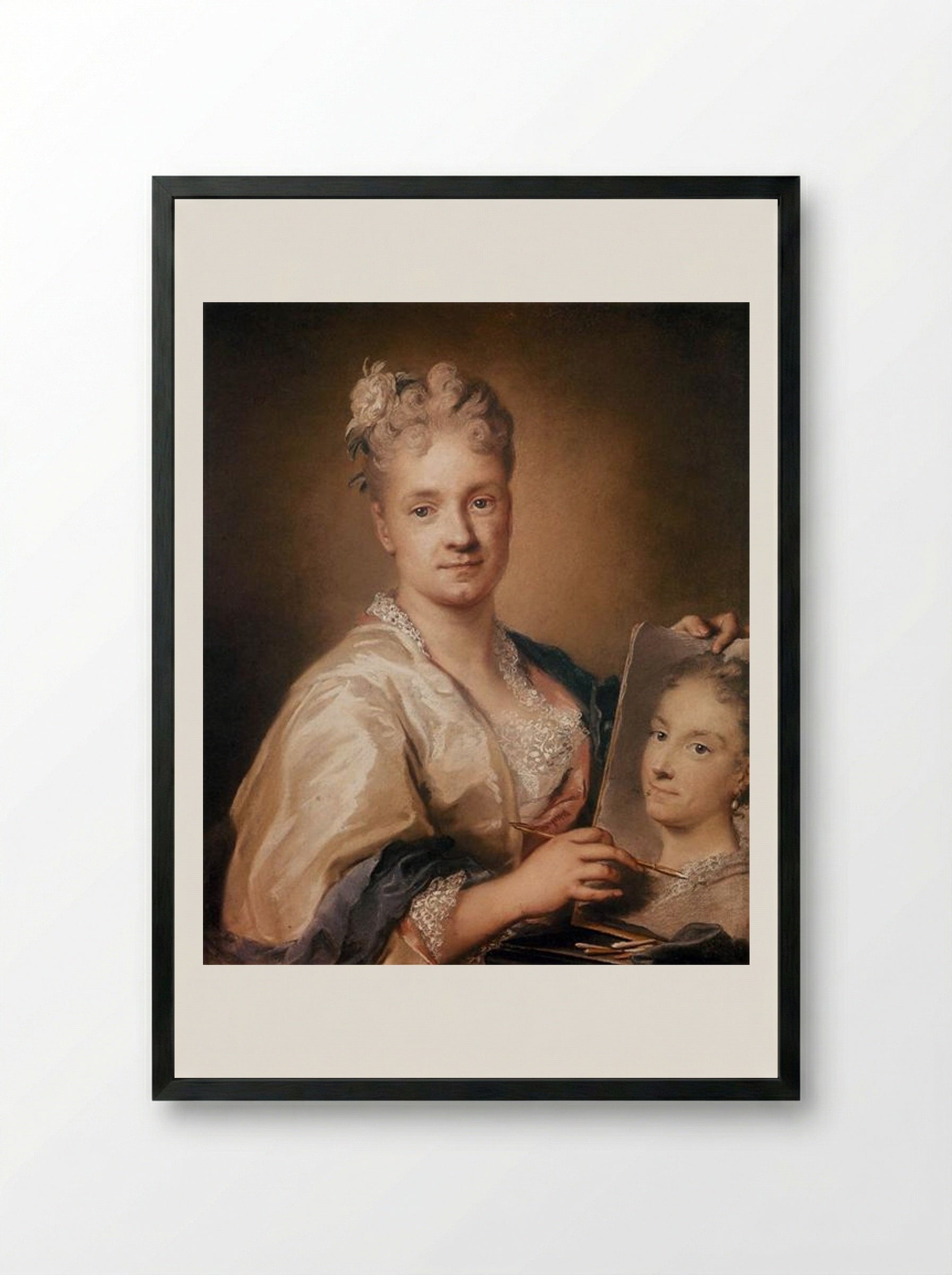 Self-portrait Holding a Portrait of Her Sister - Rosalba Carriera - Framed Print Black