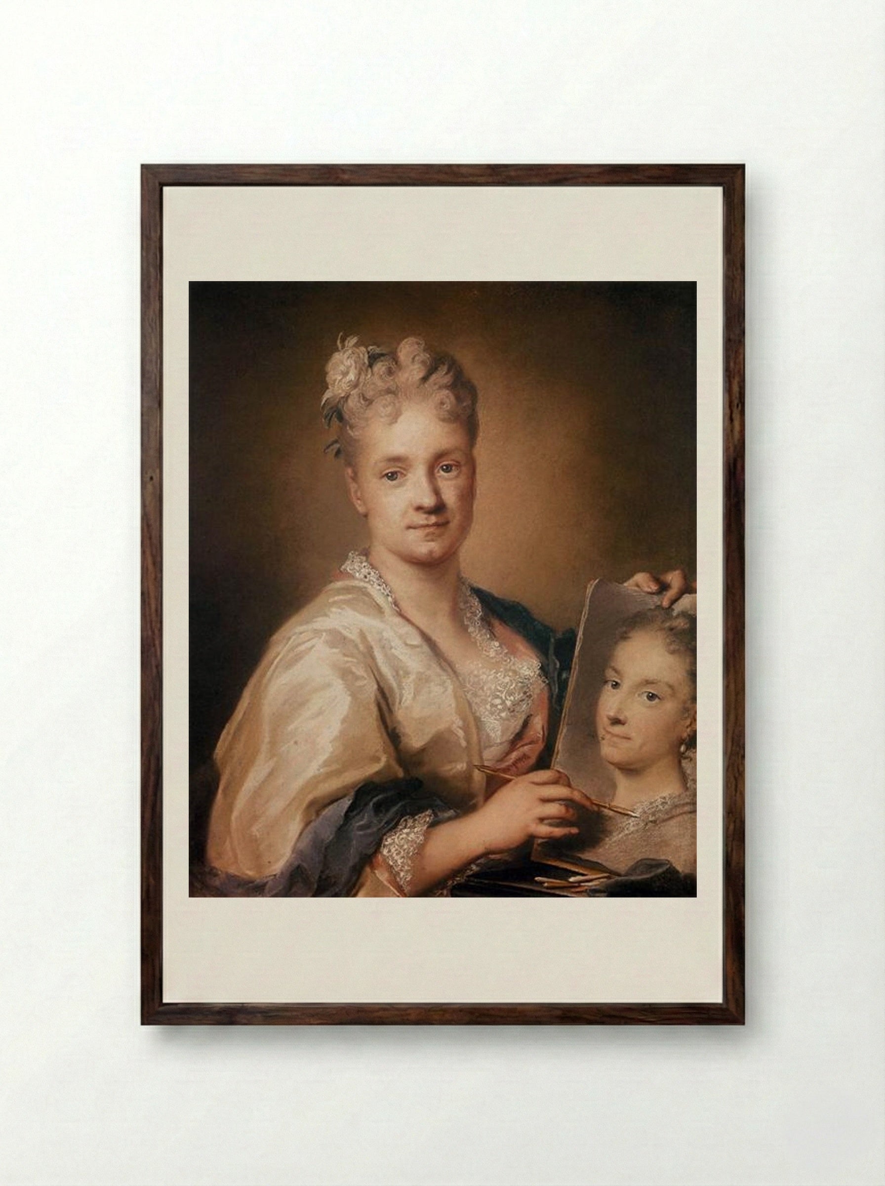 Self-portrait Holding a Portrait of Her Sister - Rosalba Carriera - Framed Print Dark Wood