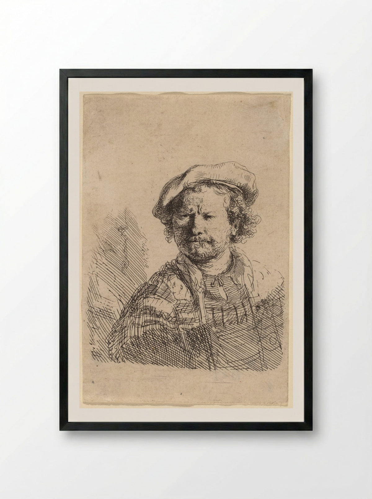 Self-portrait in a Flat Cap and Embroidered Dress - Rembrandt Harmensz. van Rijn - Framed Print Black