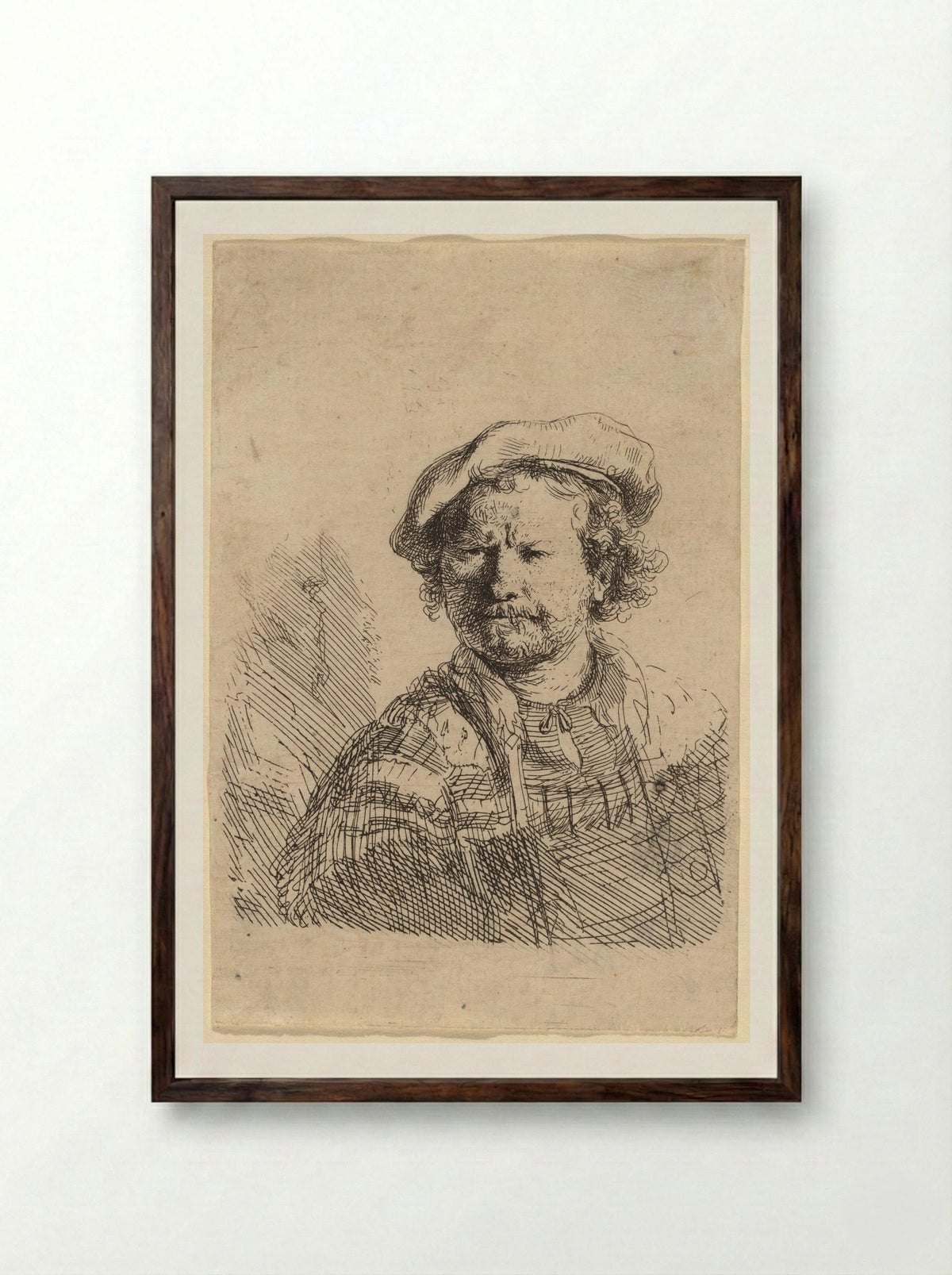 Self-portrait in a Flat Cap and Embroidered Dress - Rembrandt Harmensz. van Rijn - Framed Print Dark Wood