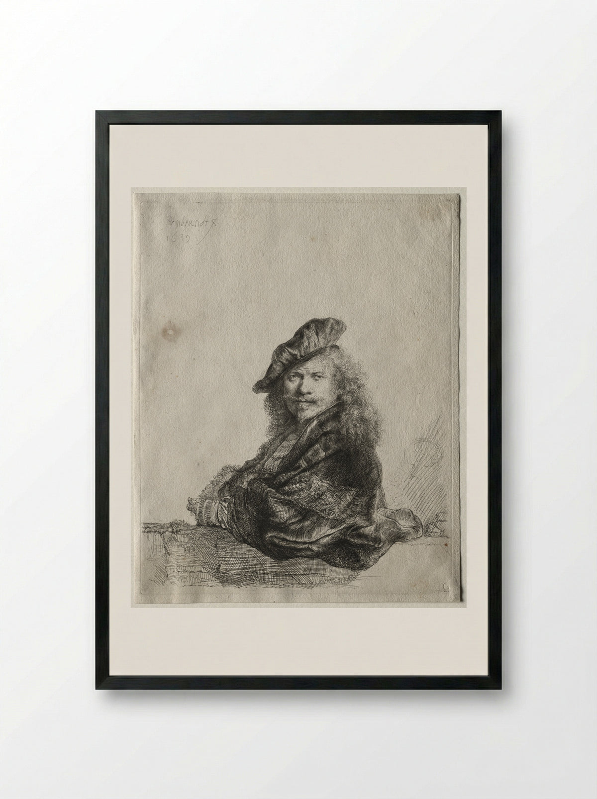 Self-portrait leaning on a stone sill - Rembrandt van Rijn - Framed Print Black