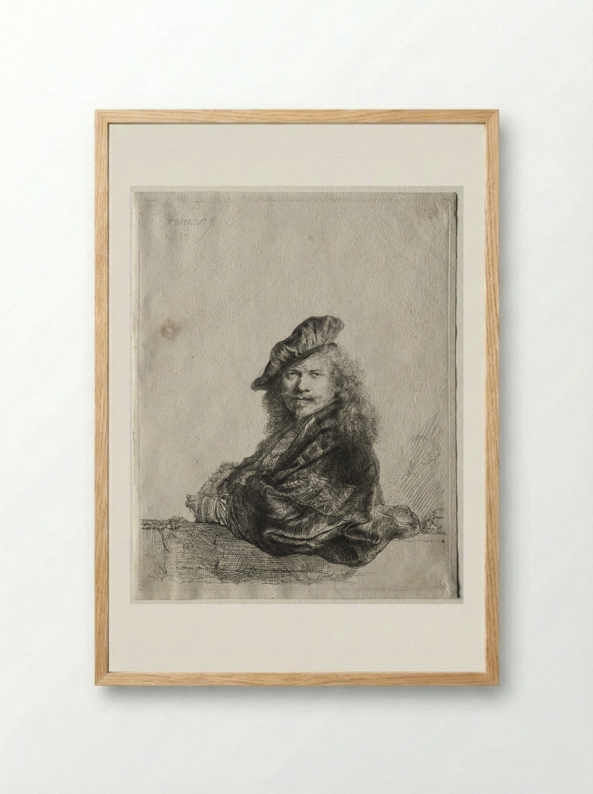 Self-portrait leaning on a stone sill - Rembrandt van Rijn - Framed Print Wood