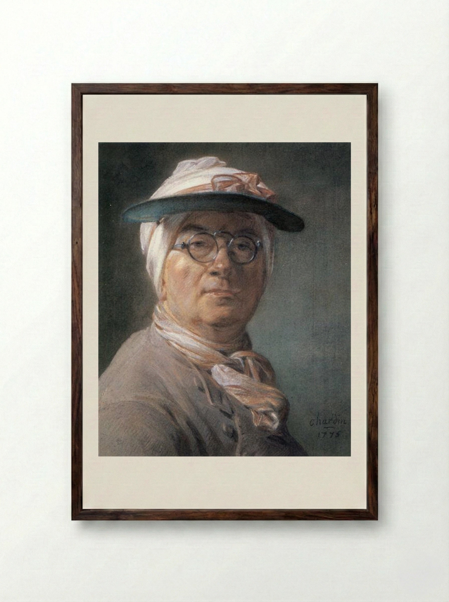 Self-portrait wearing Glasses - Jean-Baptiste-Simeon Chardin - Framed Print Dark Wood