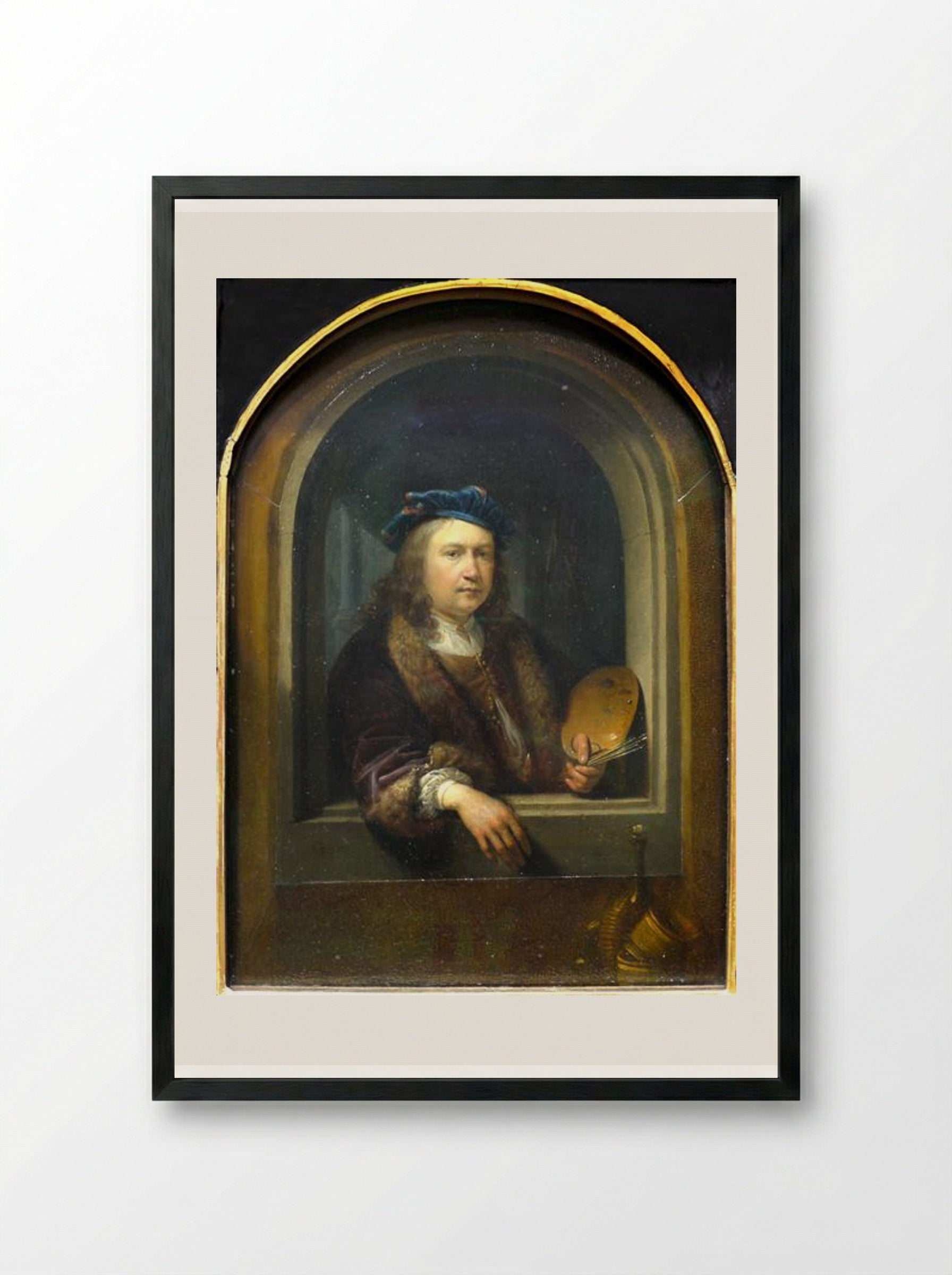 Self-portrait with a Palette, in a Niche - Gerrit Dou - Framed Print Black