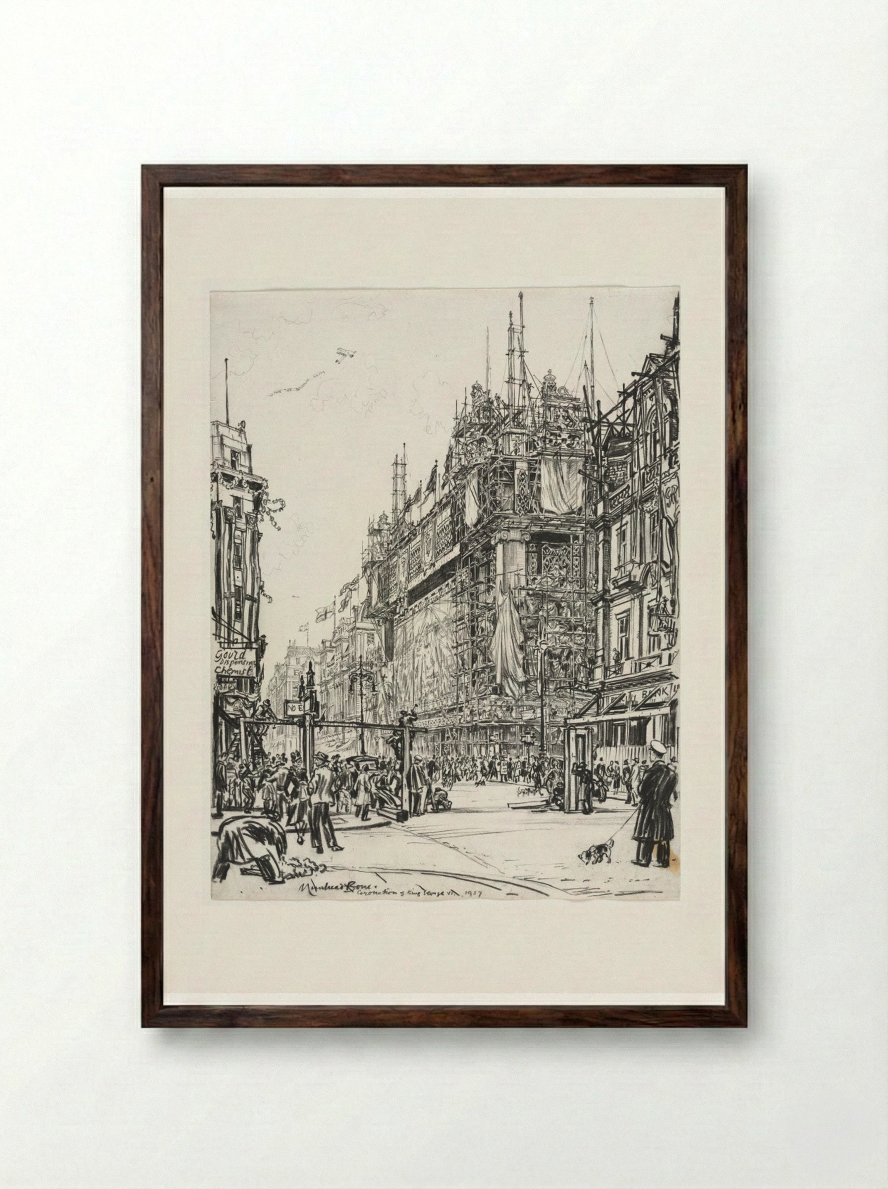 Selfridges, Oxford Street; Coronation of George VI - Muirhead Bone - Framed Print Dark Wood