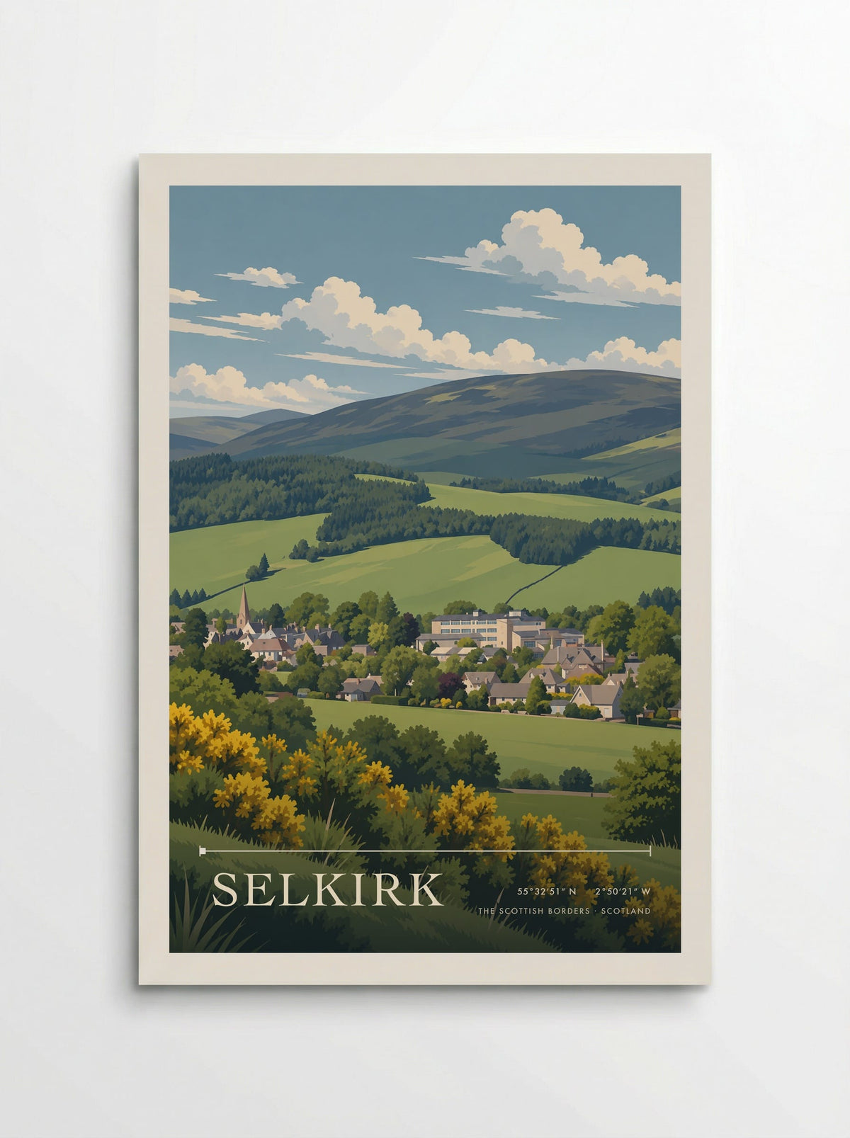 Selkirk, The Scottish Borders travel poster: pale town buildings, green hillside fields and yellow gorse under the bright clouds of summer