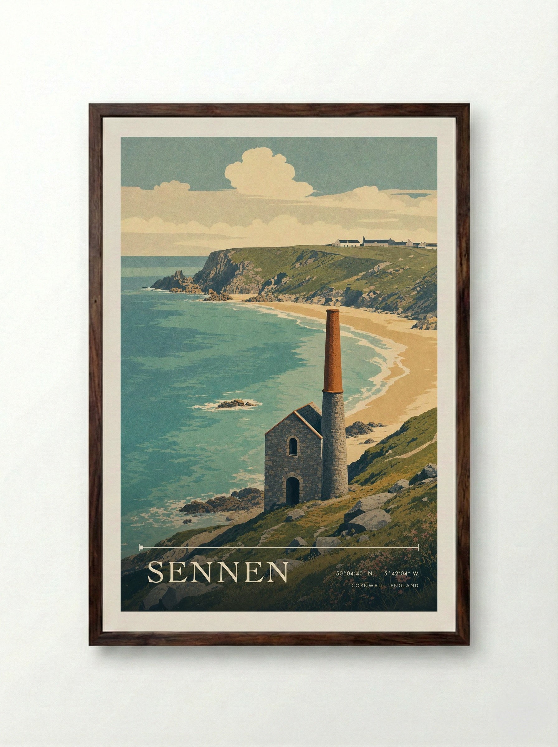 Sennen Cornwall England Travel Poster - Framed Print Dark Wood