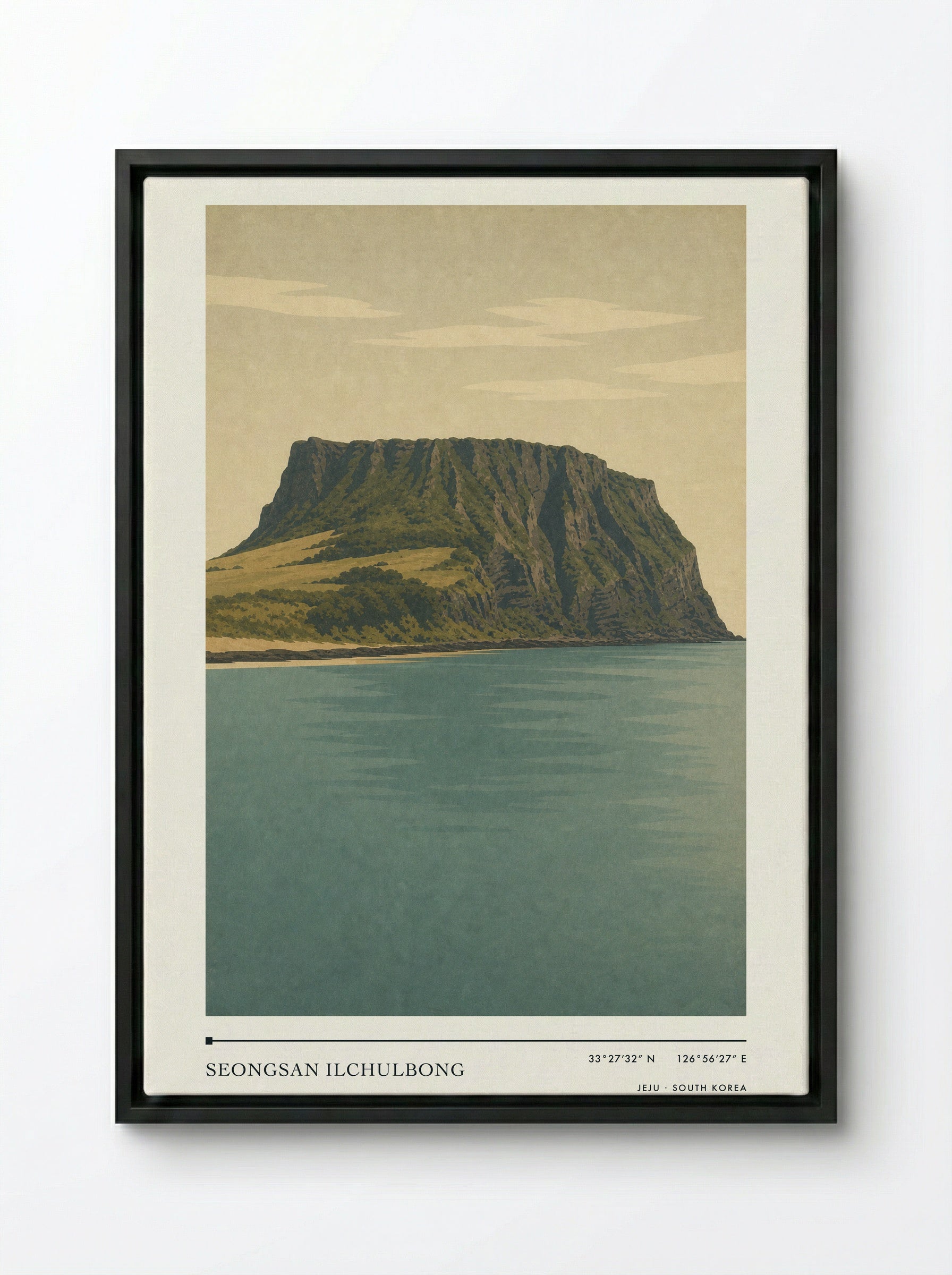 Seongsan Ilchulbong Travel Poster Artwork - Framed Canvas Black