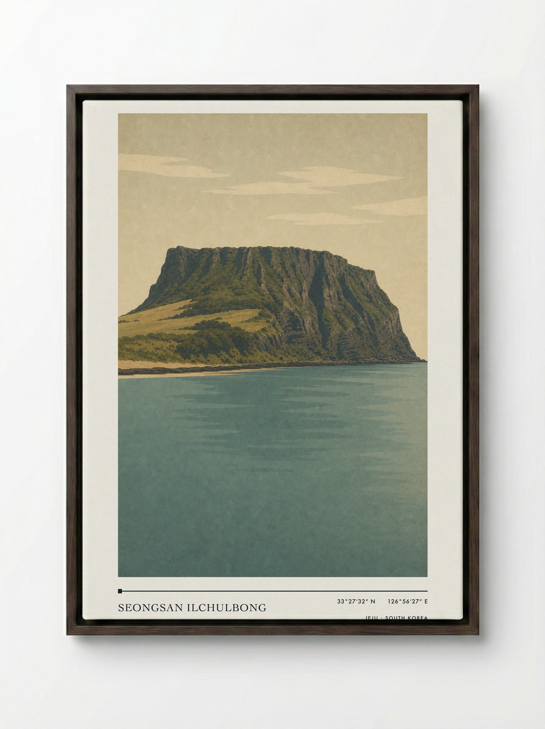 Seongsan Ilchulbong Travel Poster Artwork - Framed Canvas Dark Wood