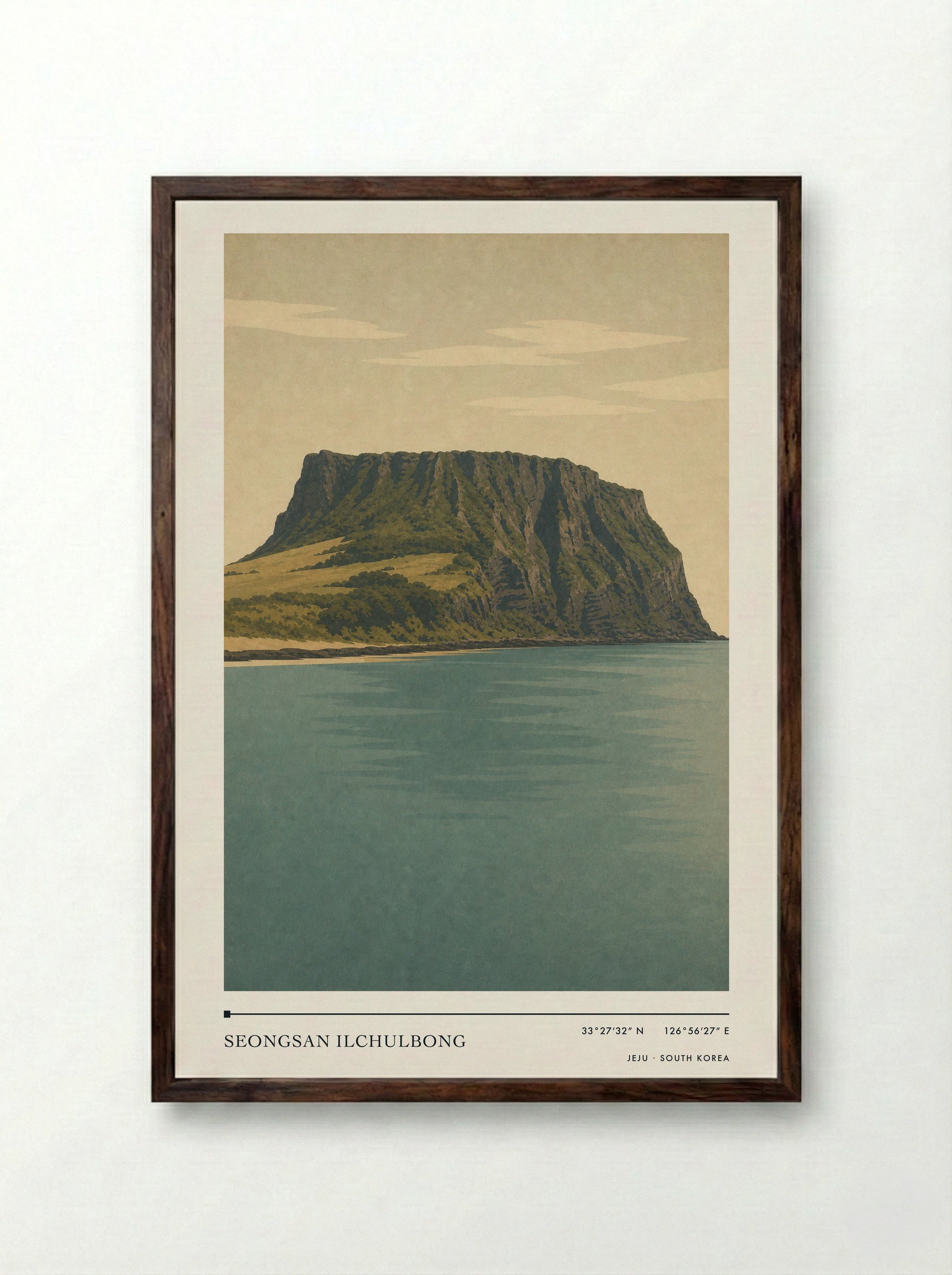 Seongsan Ilchulbong Travel Poster Artwork - Framed Print Dark Wood