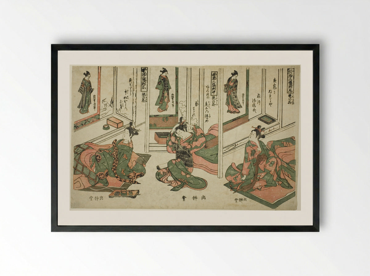 Set of Three Hanging Scrolls, Day Dream Plays - Nishimura Shigenaga - Framed Print Black