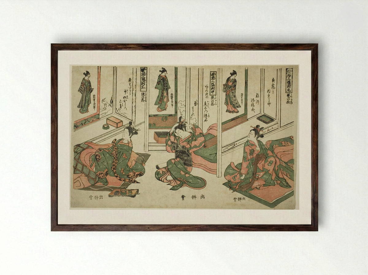 Set of Three Hanging Scrolls, Day Dream Plays - Nishimura Shigenaga - Framed Print Dark Wood