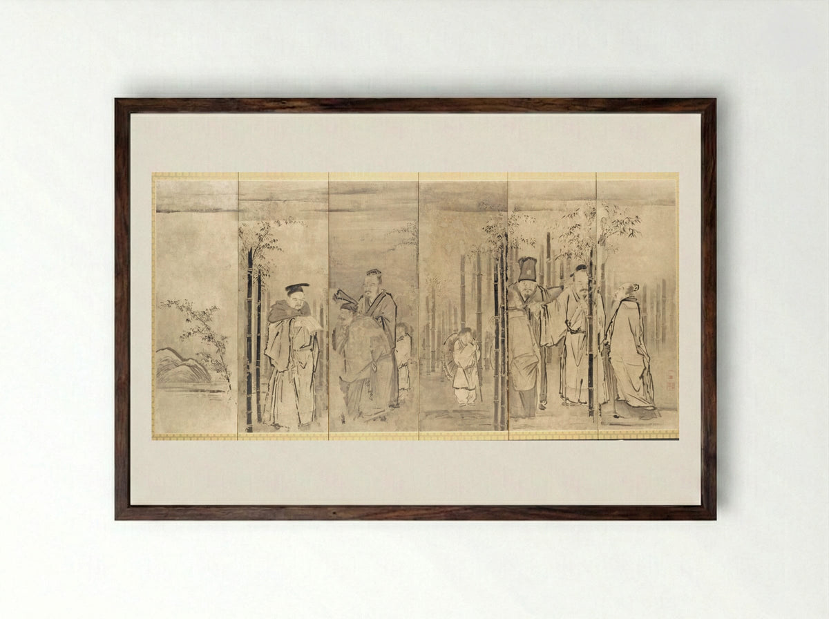 Seven Sages of the Bamboo Grove - Kano Tan'yū - Framed Print Dark Wood