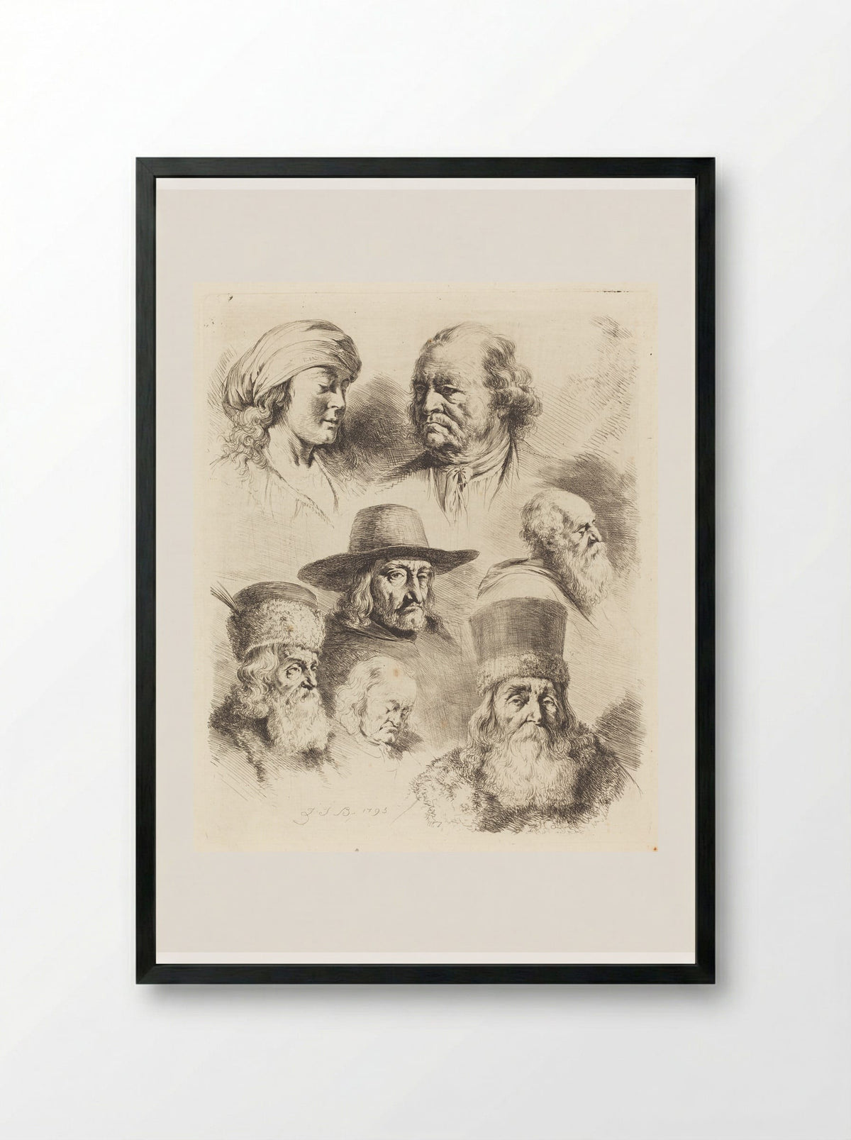 Seven Studies of Heads - Jean-Jacques de Boissieu - Framed Print Black