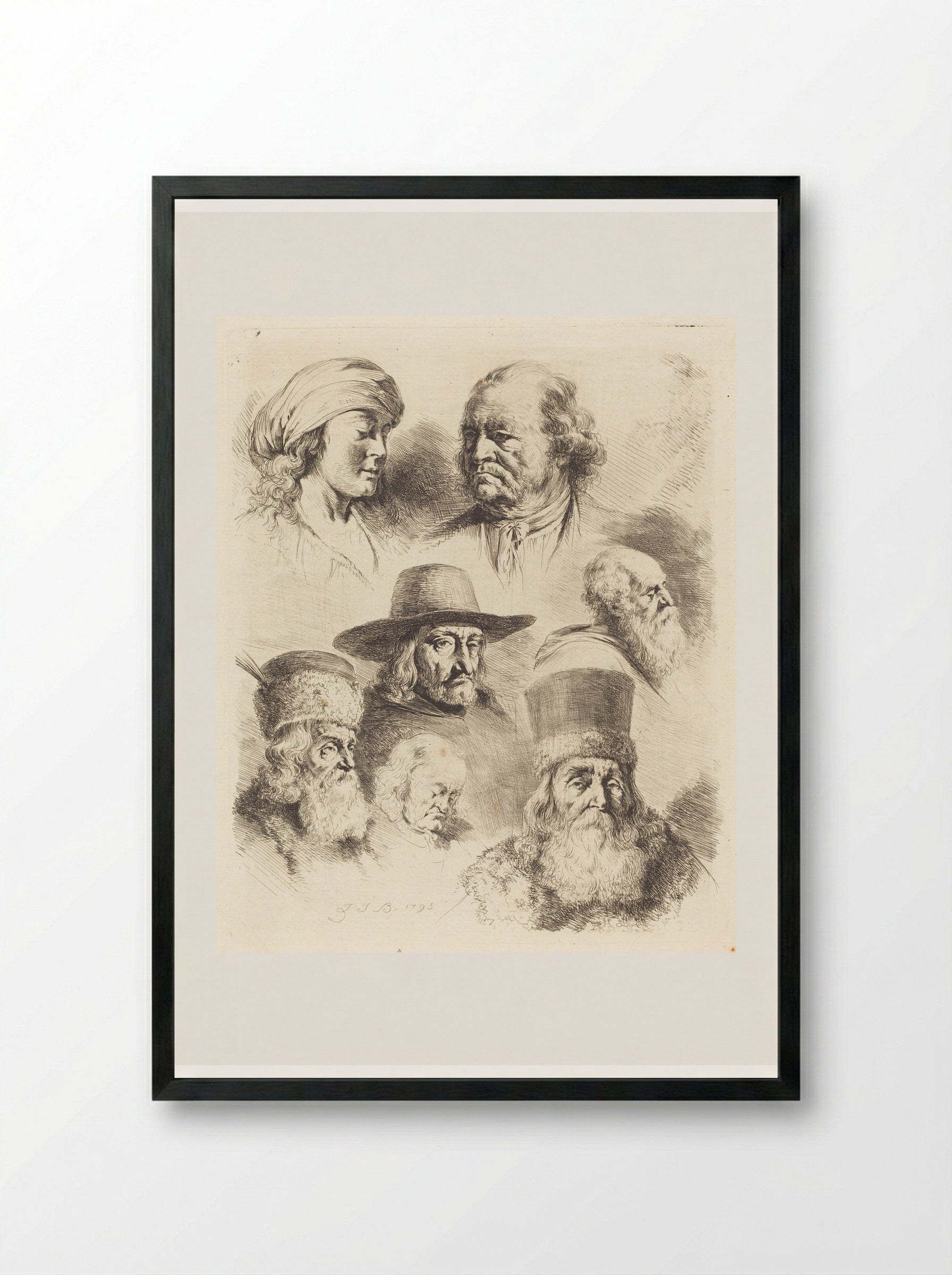 Seven Studies of Heads - Jean-Jacques de Boissieu - Framed Print Black