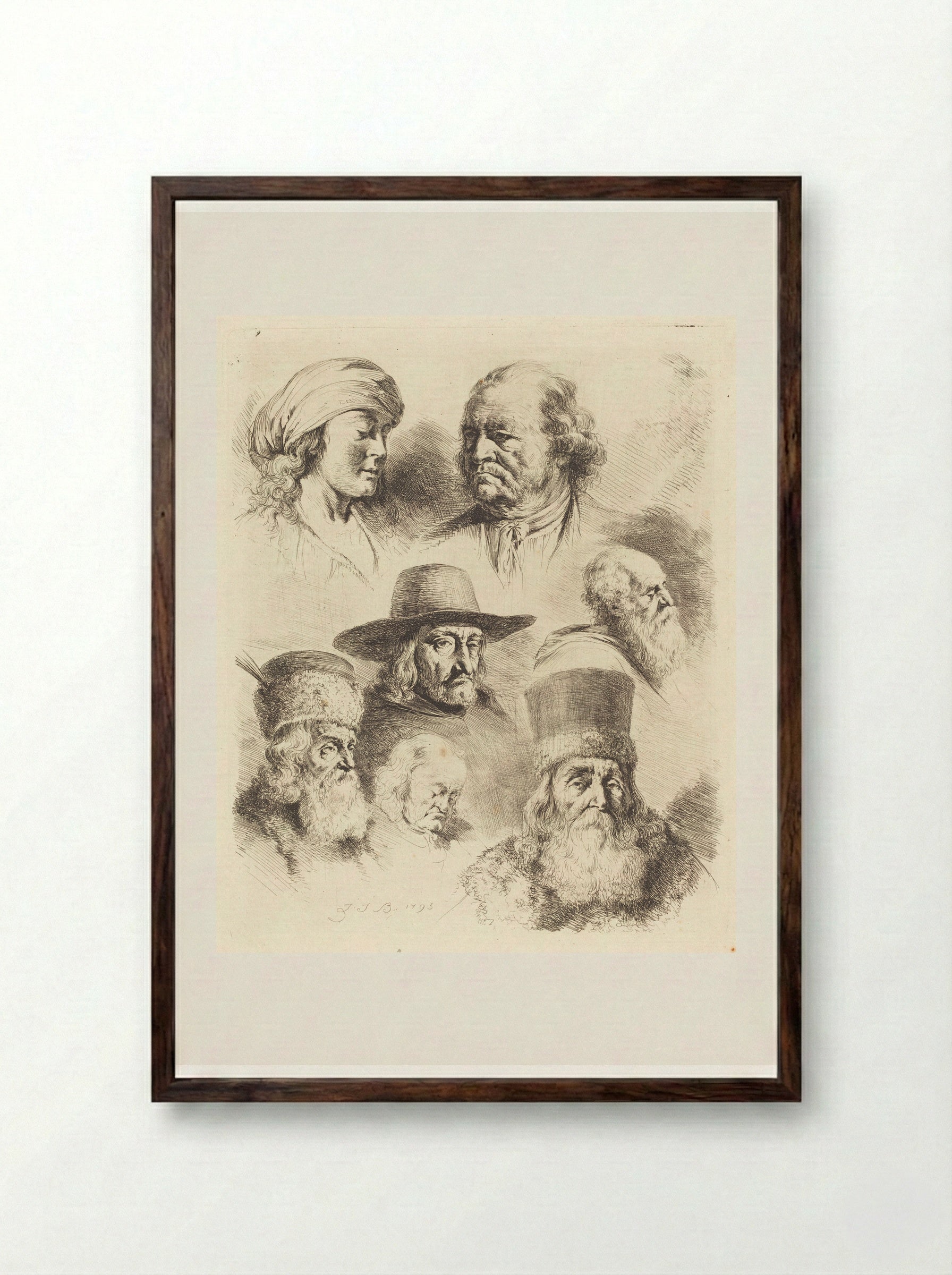 Seven Studies of Heads - Jean-Jacques de Boissieu - Framed Print Dark Wood
