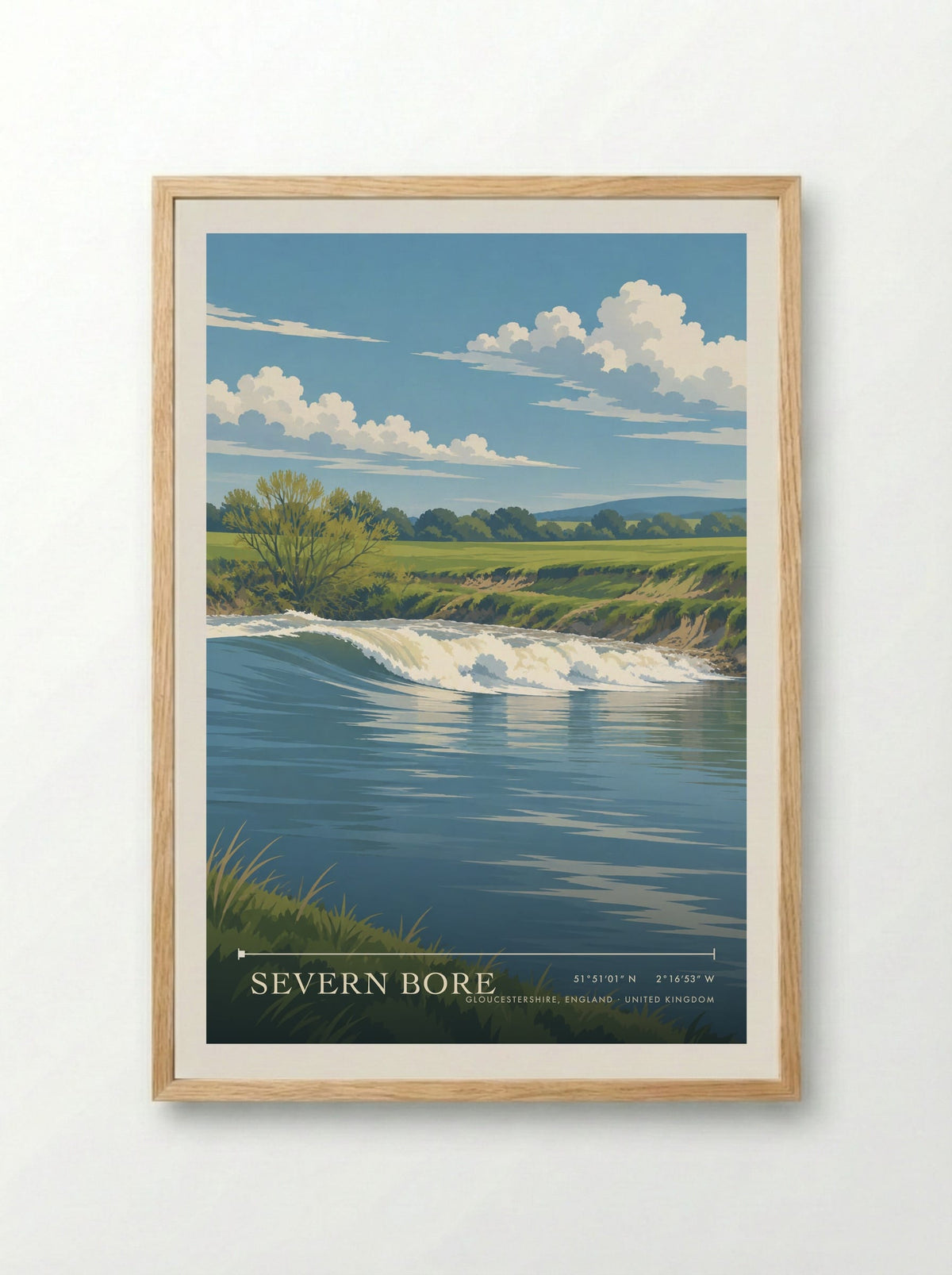 Severn Bore, Gloucestershire, England | Travel Poster - Framed Print Wood