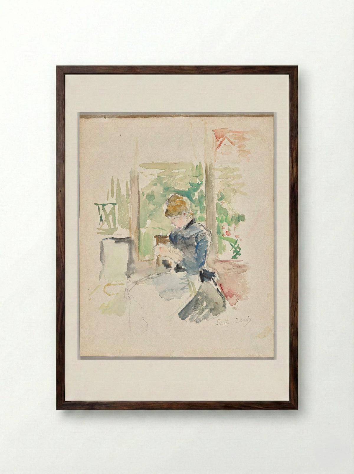 Sewing Near the Window - Berthe Morisot - Framed Print Dark Wood
