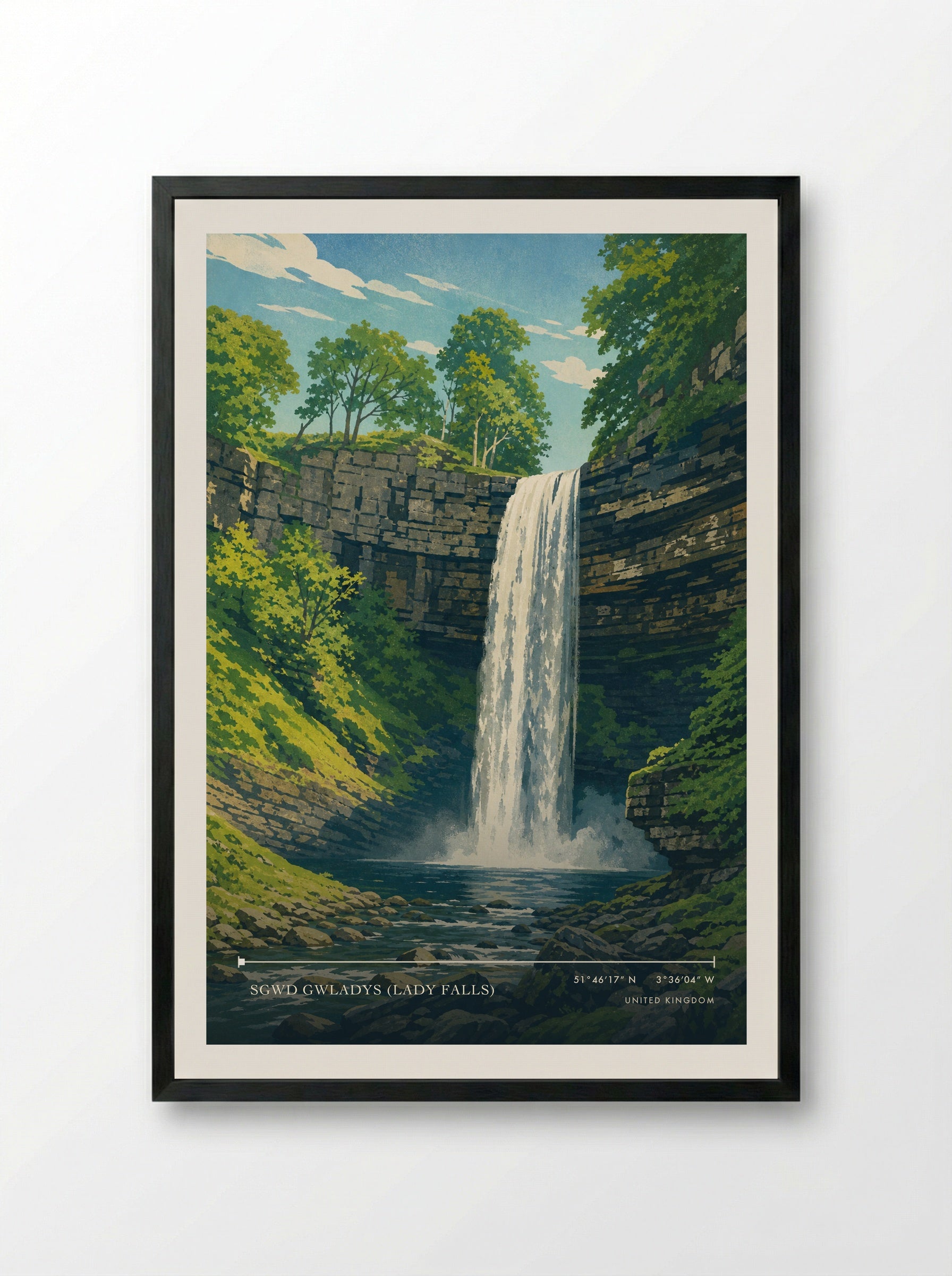 Sgwd Gwladys (Lady Falls) United Kingdom Travel Poster - Framed Print Black