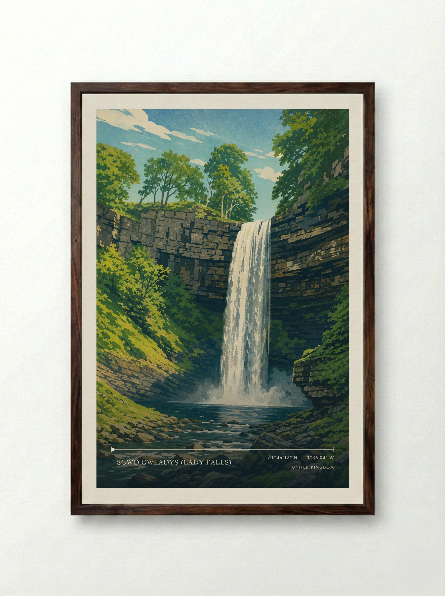 Sgwd Gwladys (Lady Falls) United Kingdom Travel Poster - Framed Print Dark Wood