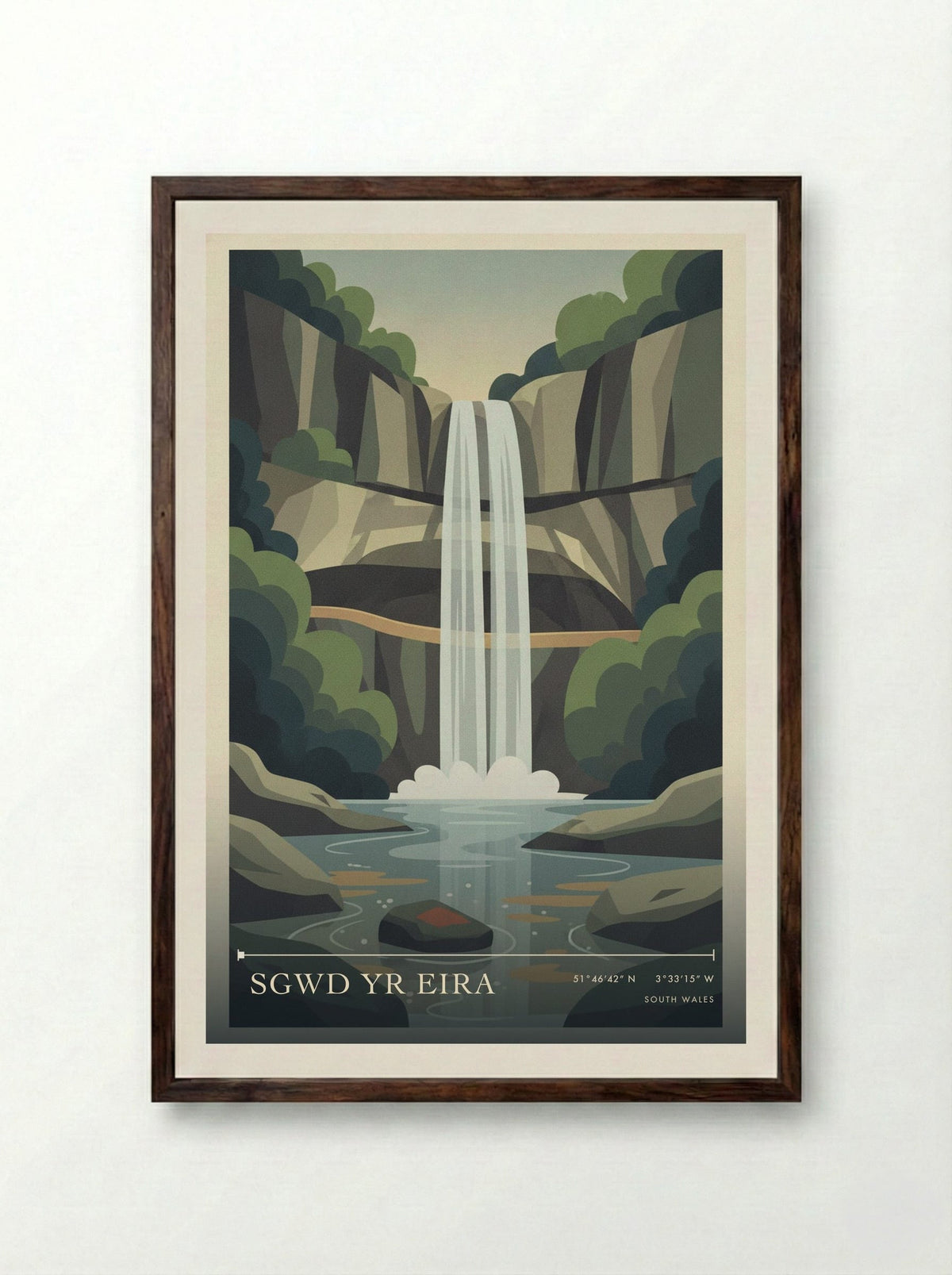 Sgwd Yr Eira South Wales Wales Travel Poster - Framed Print Dark Wood