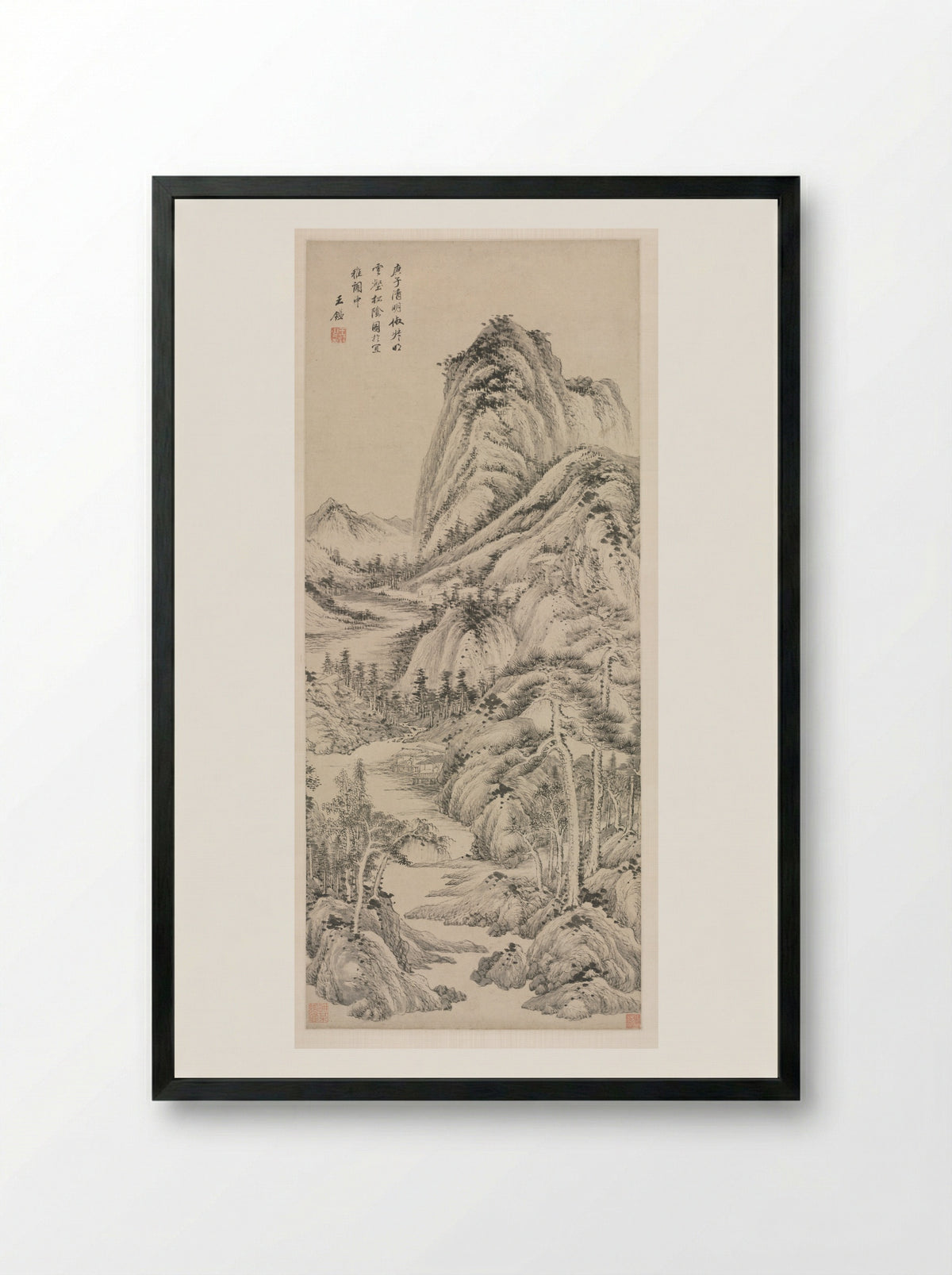 Shade of Pines in a Cloudy Valley - Wang Jian - Framed Print Black