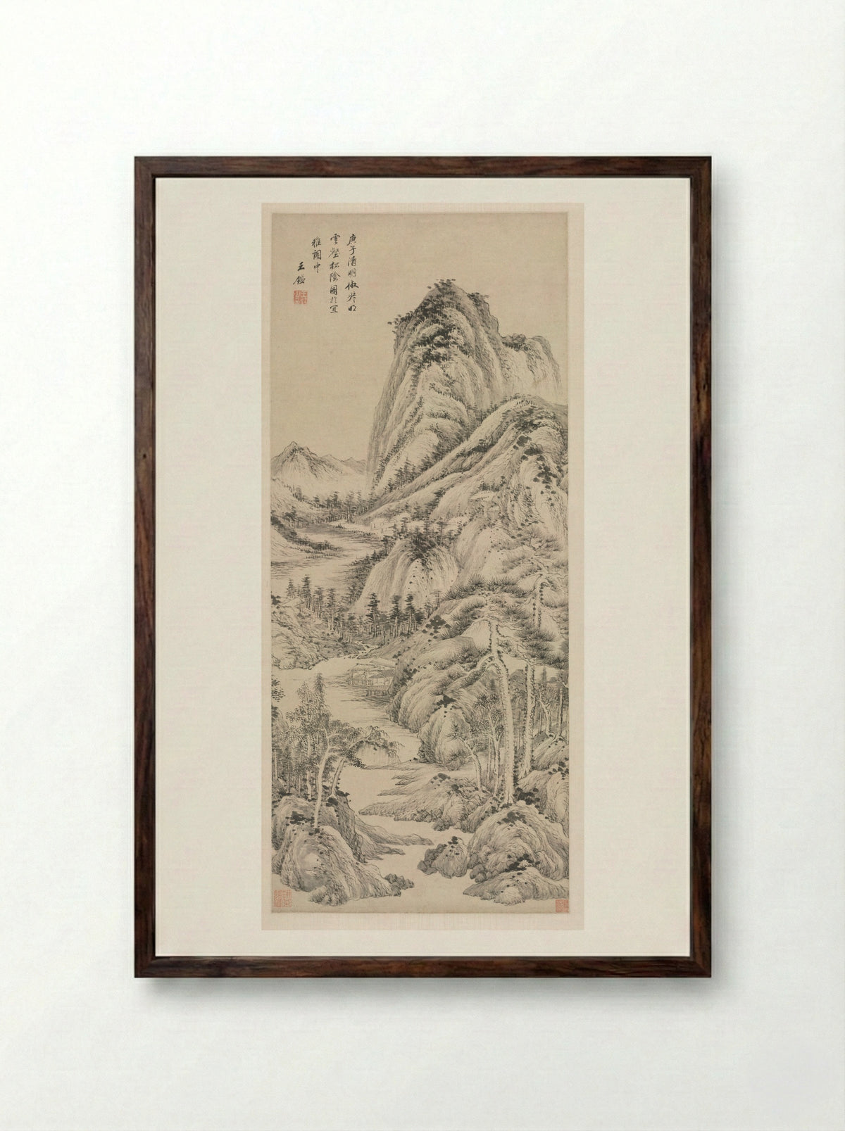 Shade of Pines in a Cloudy Valley - Wang Jian - Framed Print Dark Wood