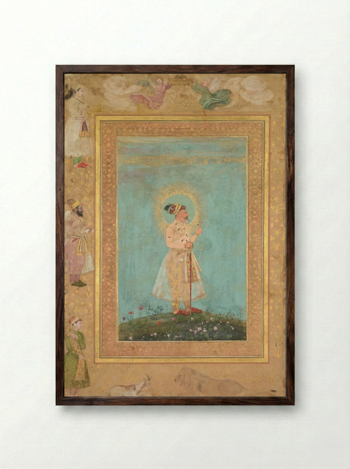 Shah Jahan holding a spinel and a long Deccan sword - Hashim - Framed Print Dark Wood