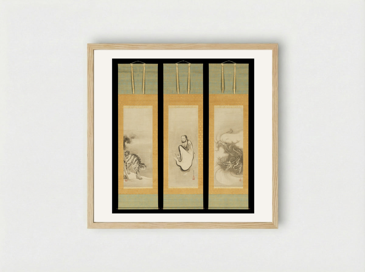 Shakyamuni Emerging from the Mountains, with Dragon and Tiger - Kano Sansetsu - Framed Print Wood