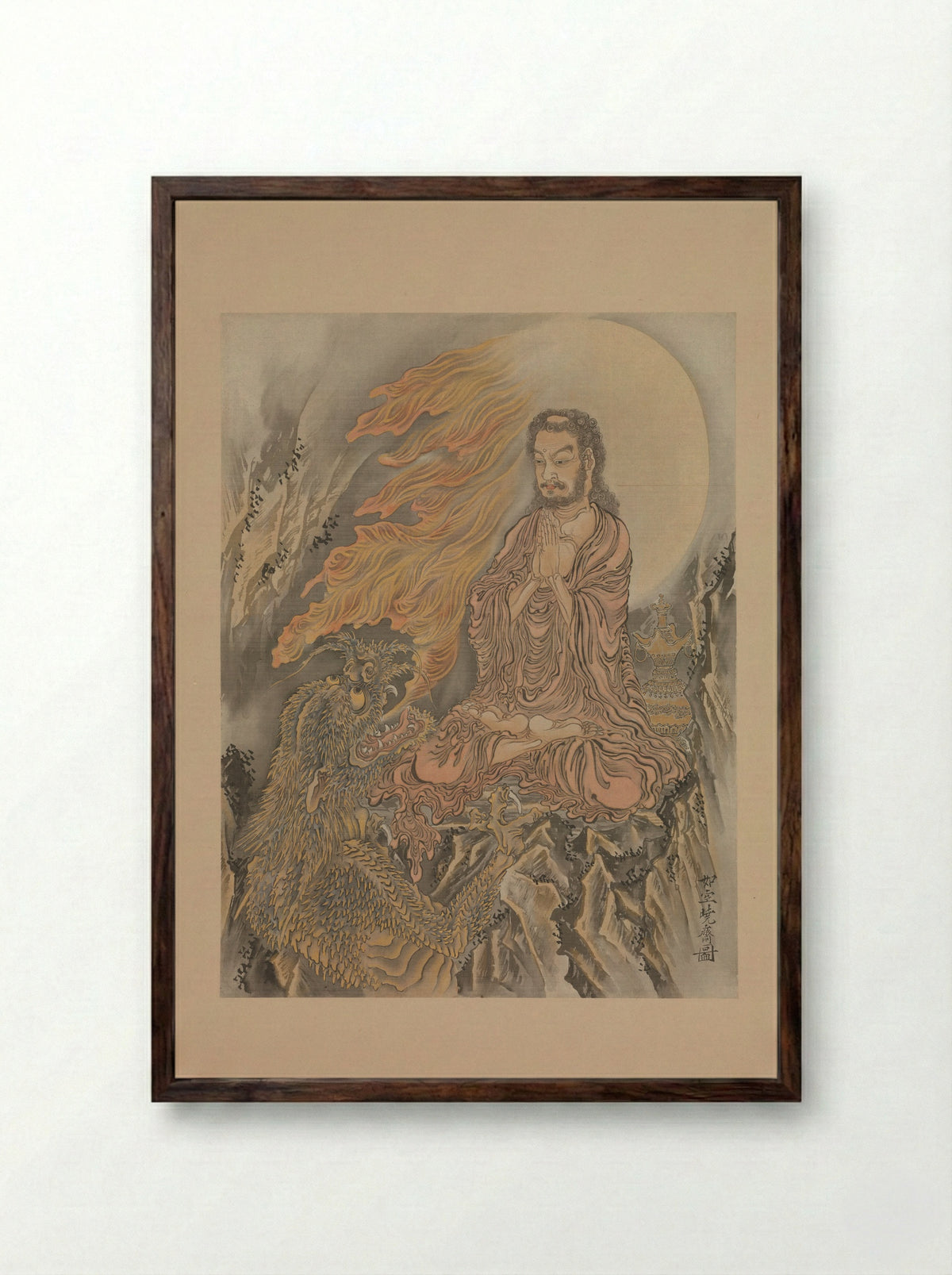 Shakyamuni Subjugating Demons - Kawanabe Kyōsai - Framed Print Dark Wood