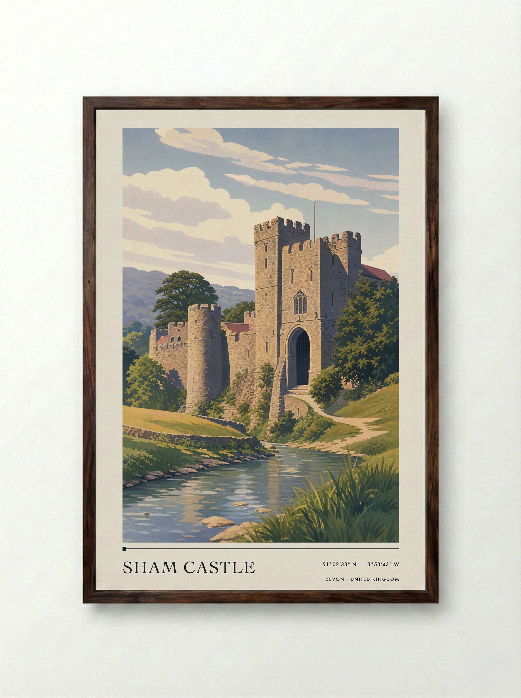 Sham Castle Devon United Kingdom Travel Poster - Framed Print Dark Wood