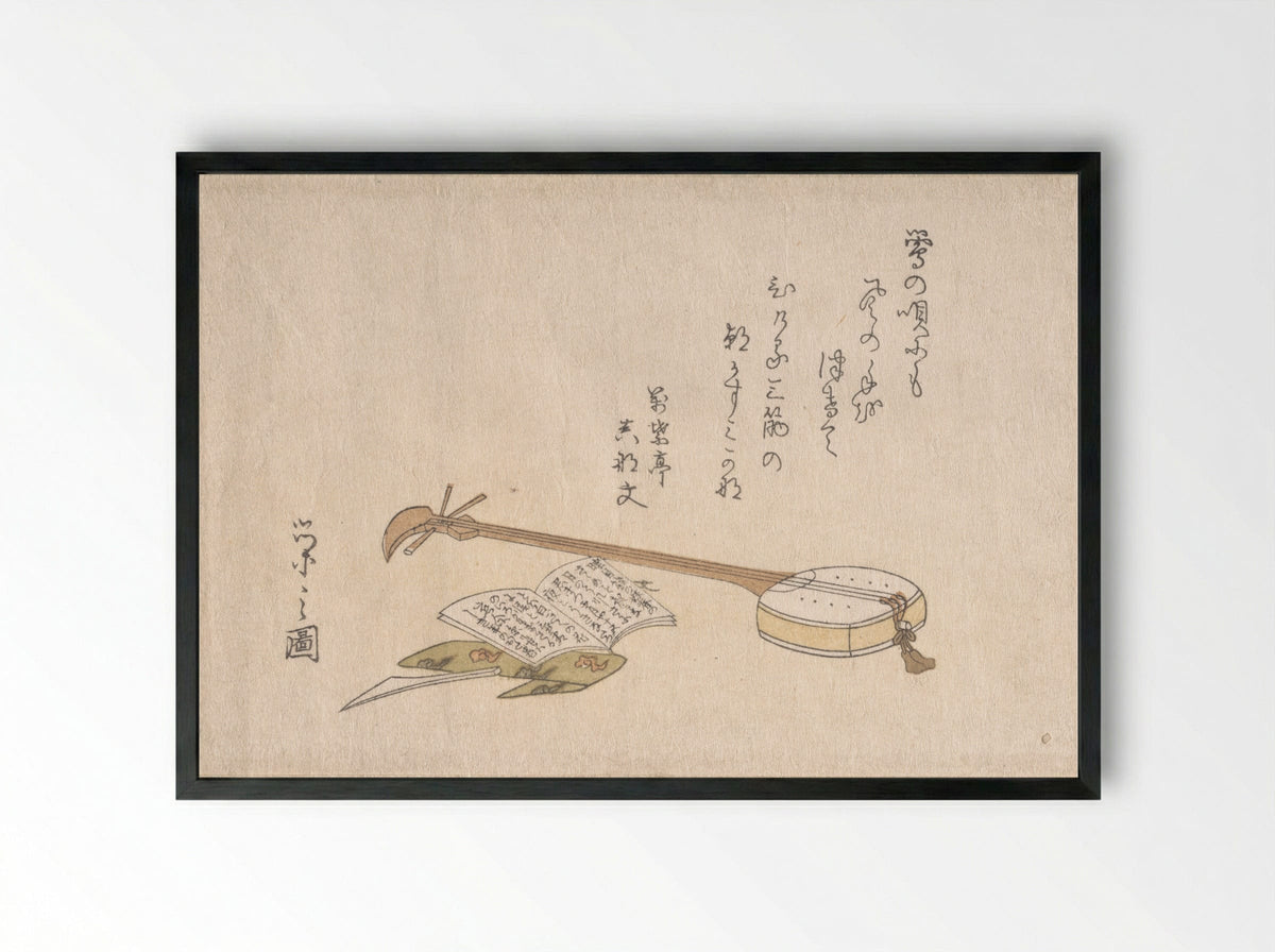 Shamisen, Plectrum and a Book - Chōbunsai Eishi - Framed Print Black