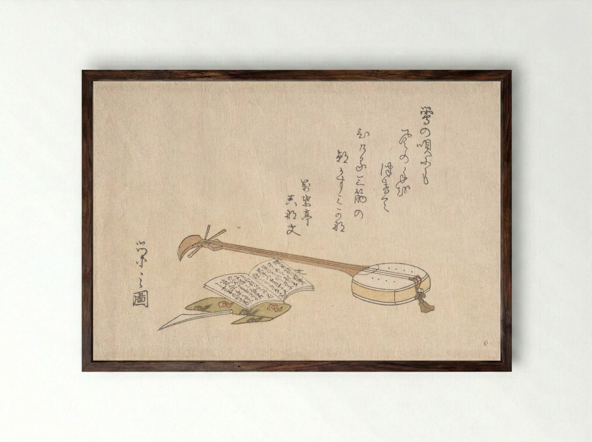 Shamisen, Plectrum and a Book - Chōbunsai Eishi - Framed Print Dark Wood
