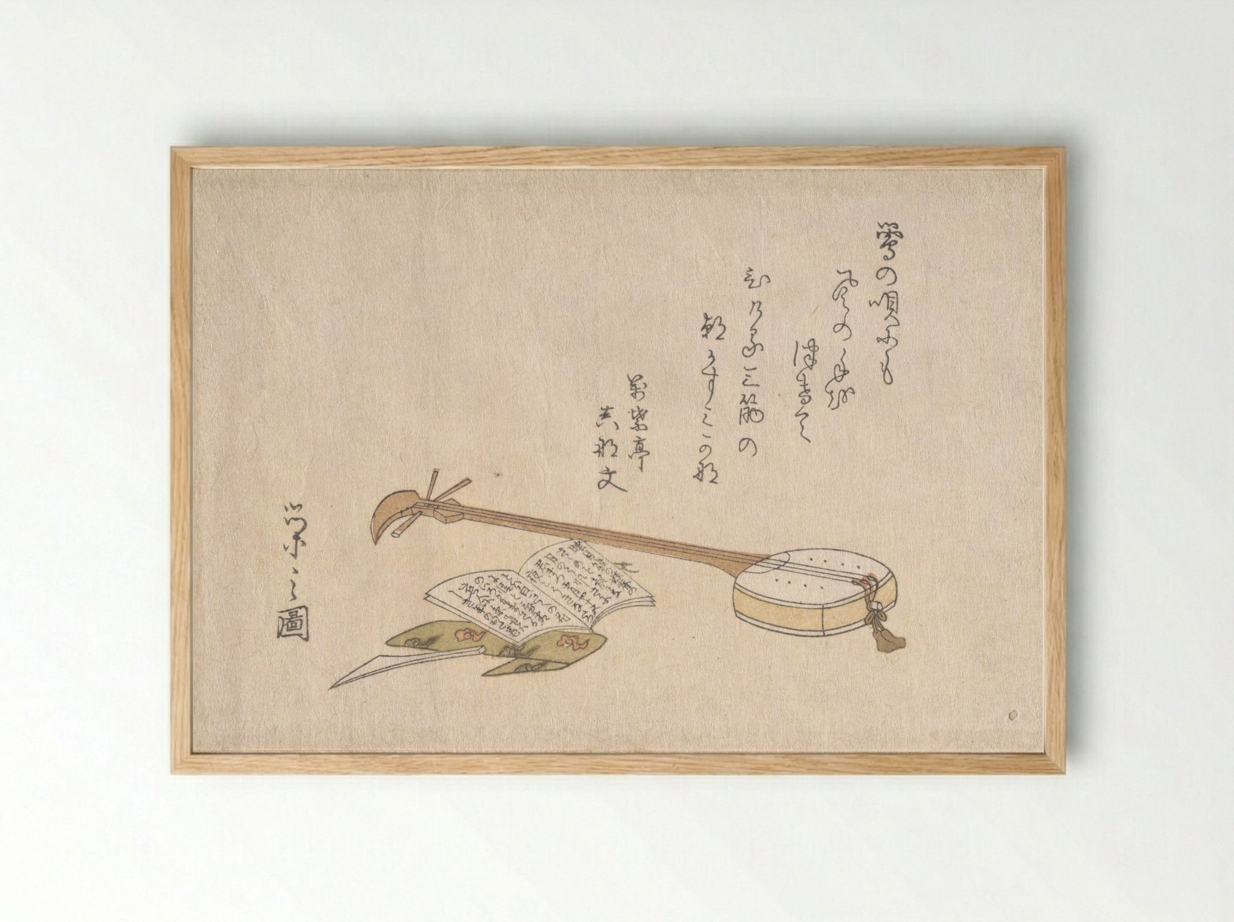 Shamisen, Plectrum and a Book - Chōbunsai Eishi - Framed Print Wood