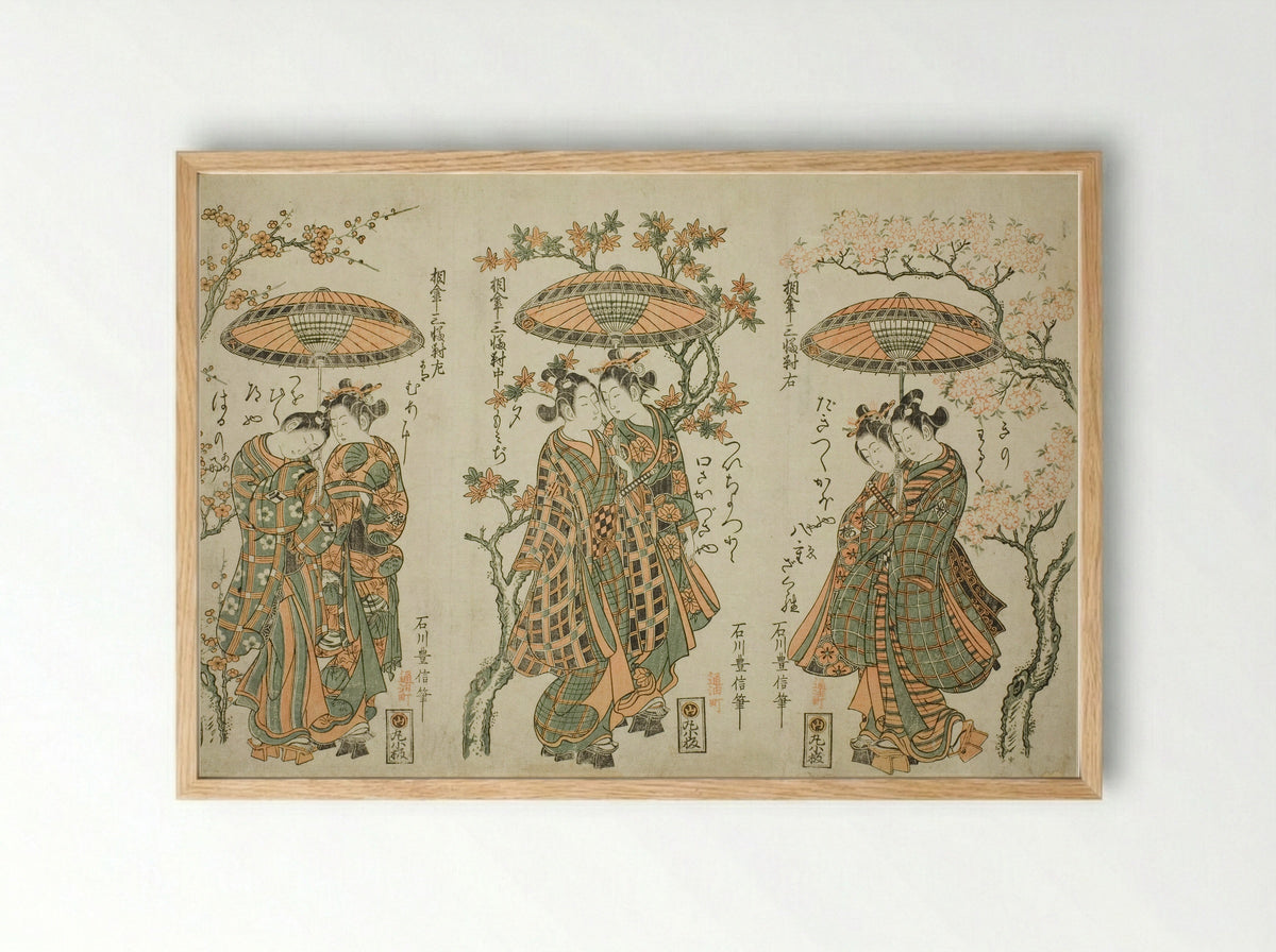 Sharing an Umbrella - A Set of Three (Aigasa sanpukutsui) - Ishikawa Toyonobu - Framed Print Wood