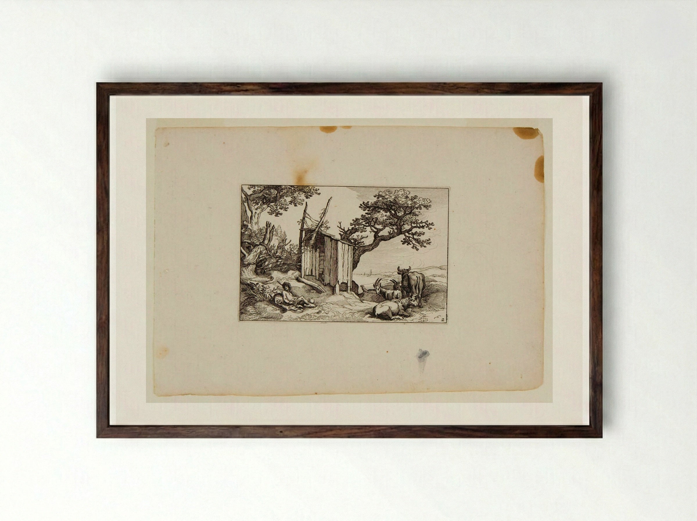 Shed with Herdsman to Left and Cows and Goats to Right - Claes Jansz. Visscher - Framed Print Dark Wood