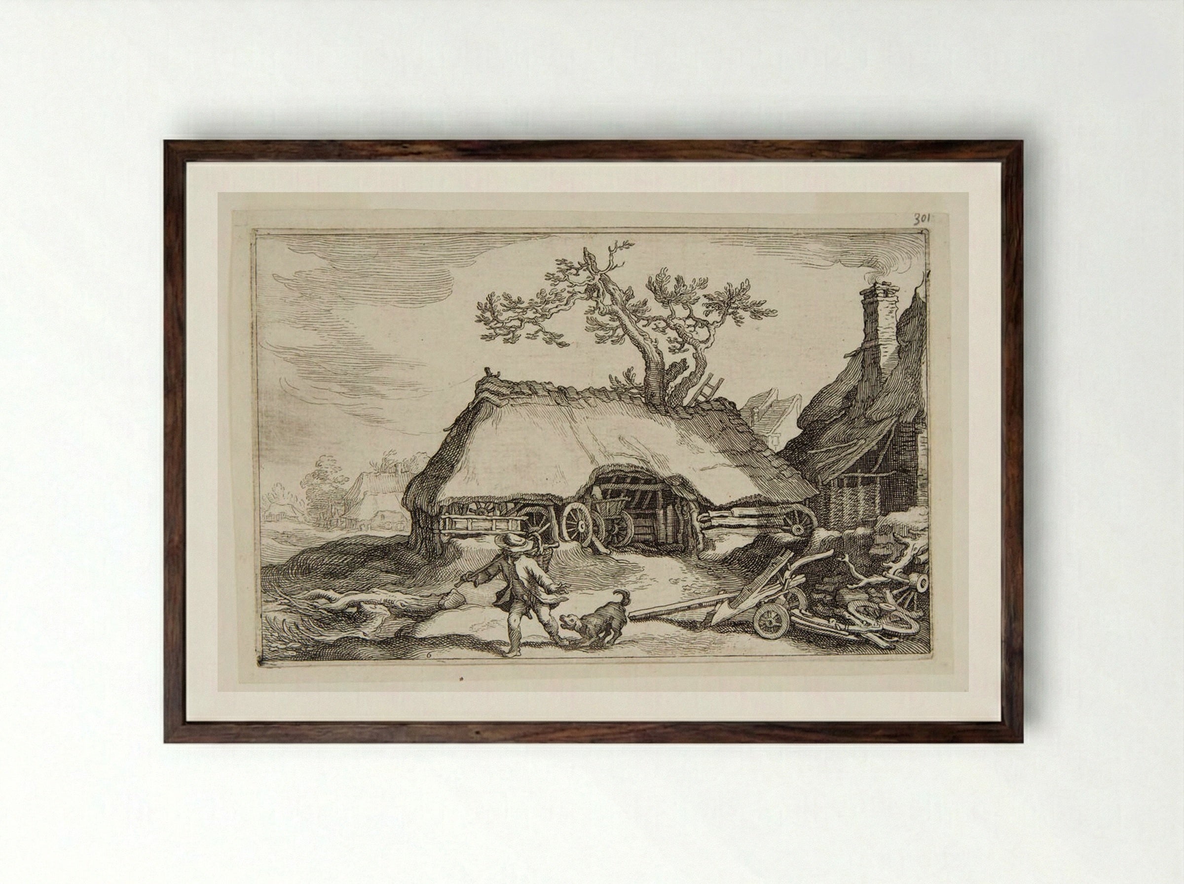 Shed with Wagon Wheels - Boetius Adamsz. Bolswert - Framed Print Dark Wood