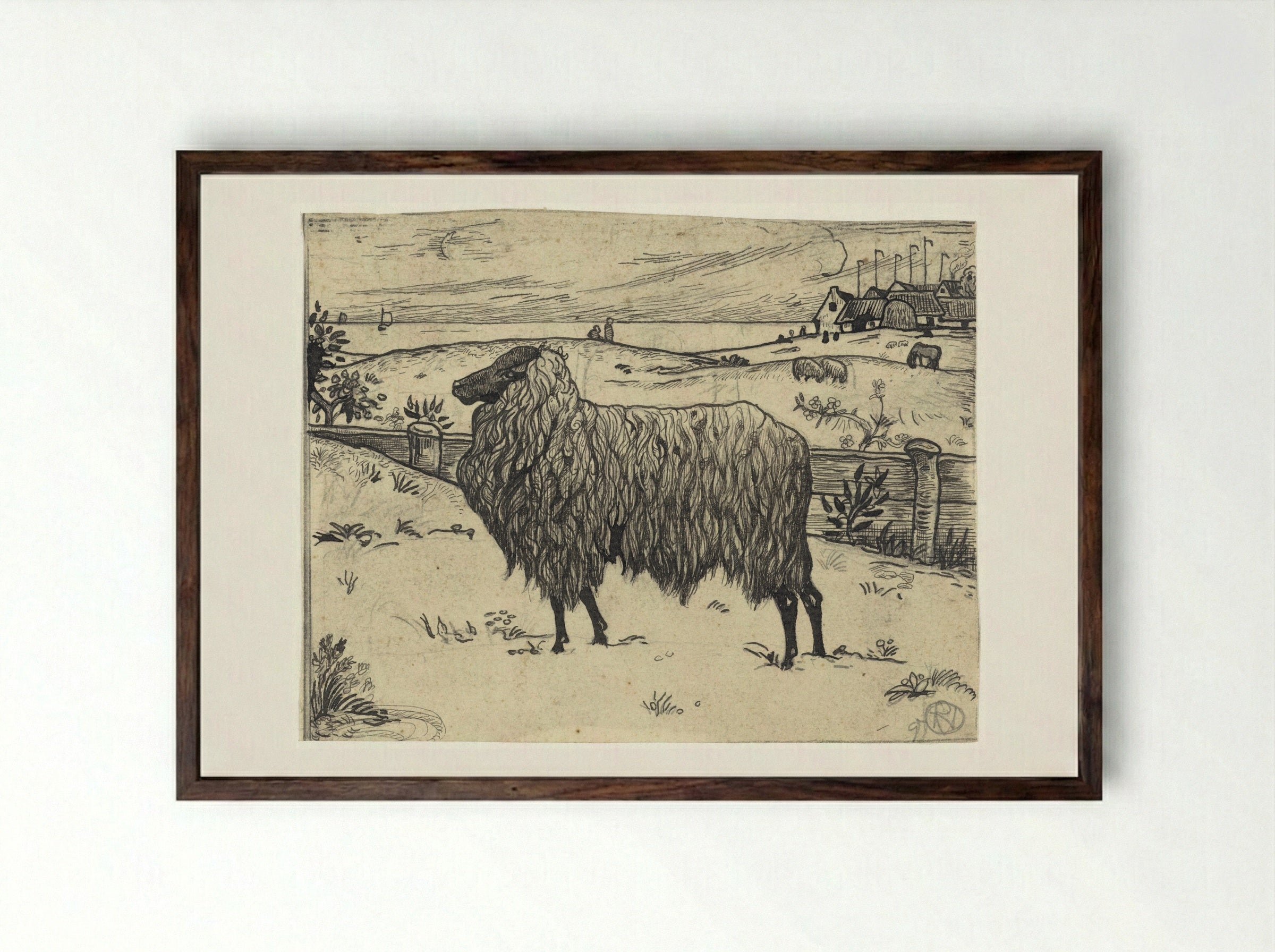 Sheep in a Coastal Setting - Richard Nicolaüs Roland Holst - Framed Print Dark Wood