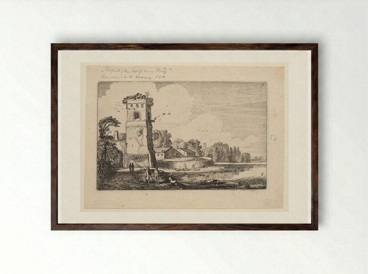 Sheep on a Ferry near a Square Tower and a Village Gate - Jan van de Velde II - Framed Print Dark Wood