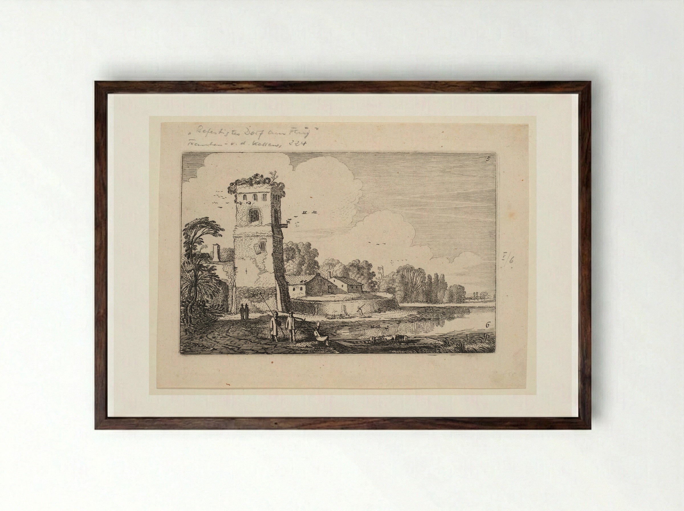 Sheep on a Ferry near a Square Tower and a Village Gate - Jan van de Velde II - Framed Print Dark Wood