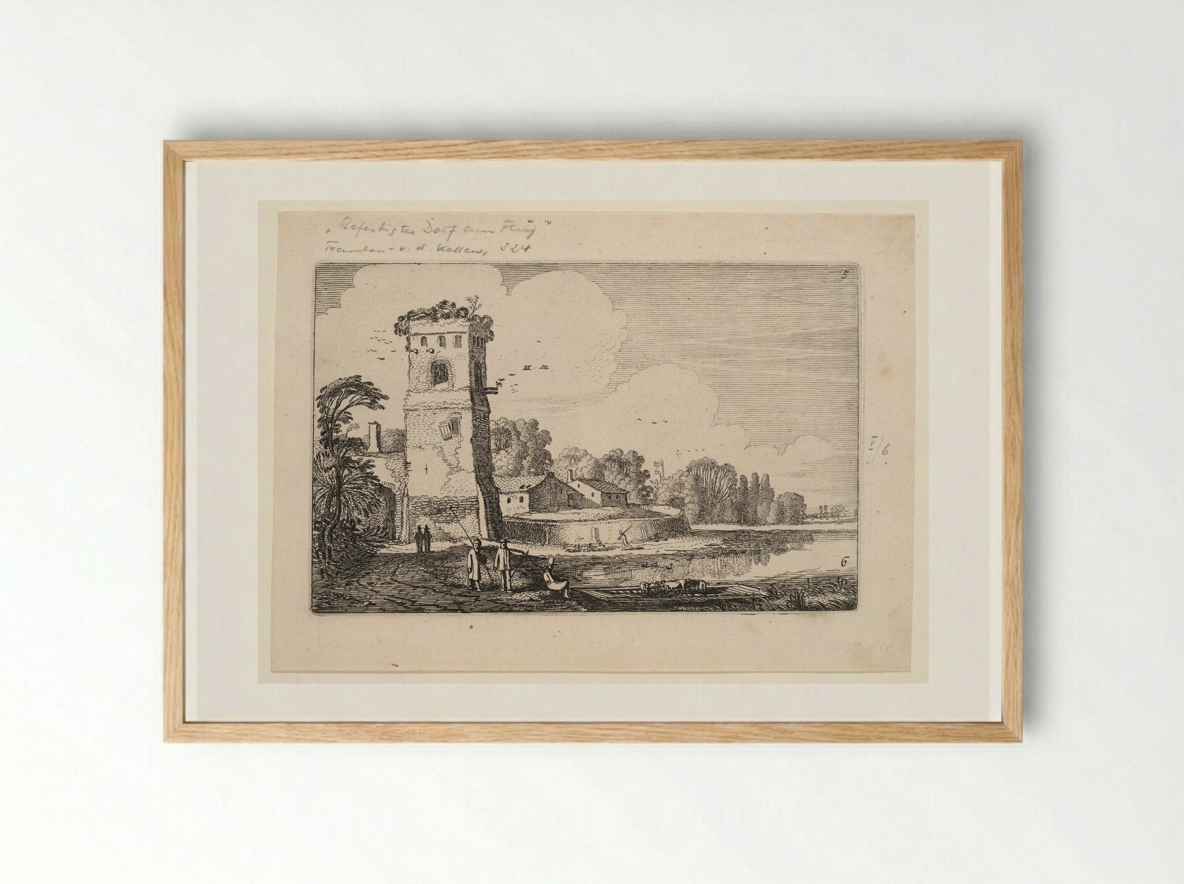 Sheep on a Ferry near a Square Tower and a Village Gate - Jan van de Velde II - Framed Print Wood
