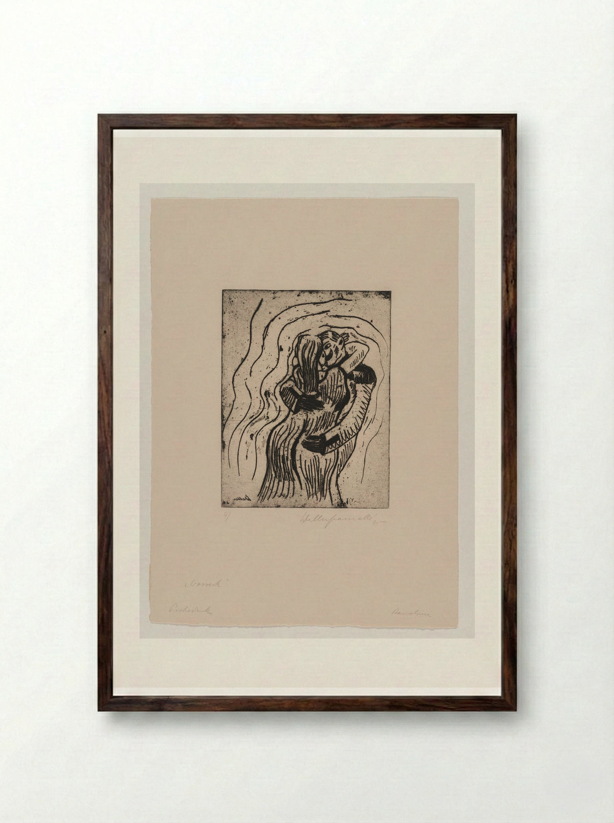 Sheet IV, Mary and the Drum Major Embrace - Walter Gramatté - Framed Print Dark Wood