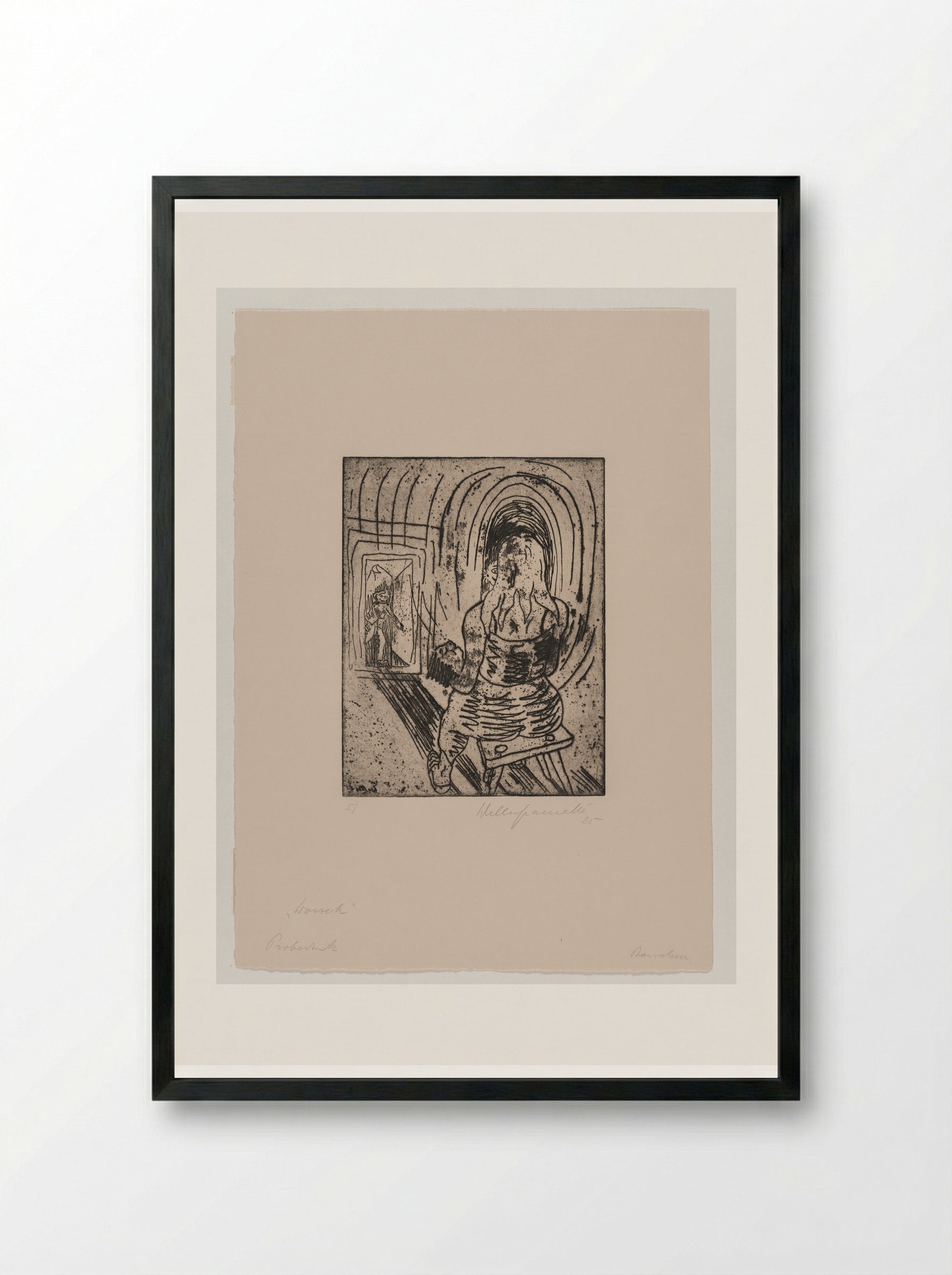 Sheet V, Mary with the Sleeping Boy in Her Arms in Front of the Mirror, Transfigured by the Ring of the Drum Major - Walter Gramatté - Framed Print Black