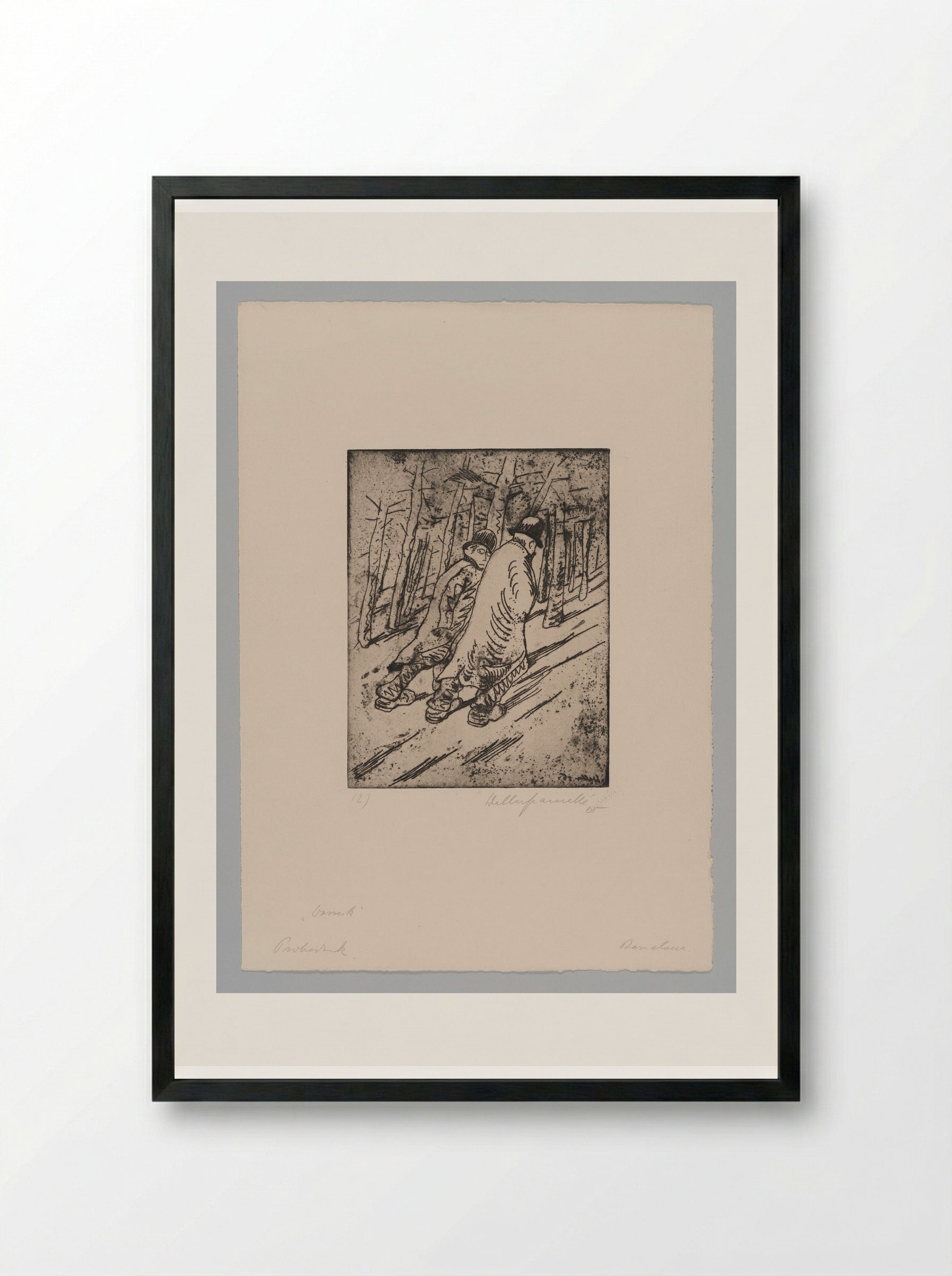 Sheet XII, Two Citizens Run Away As They Hear Noisy Sounds from the Pond - Walter Gramatté - Framed Print Black
