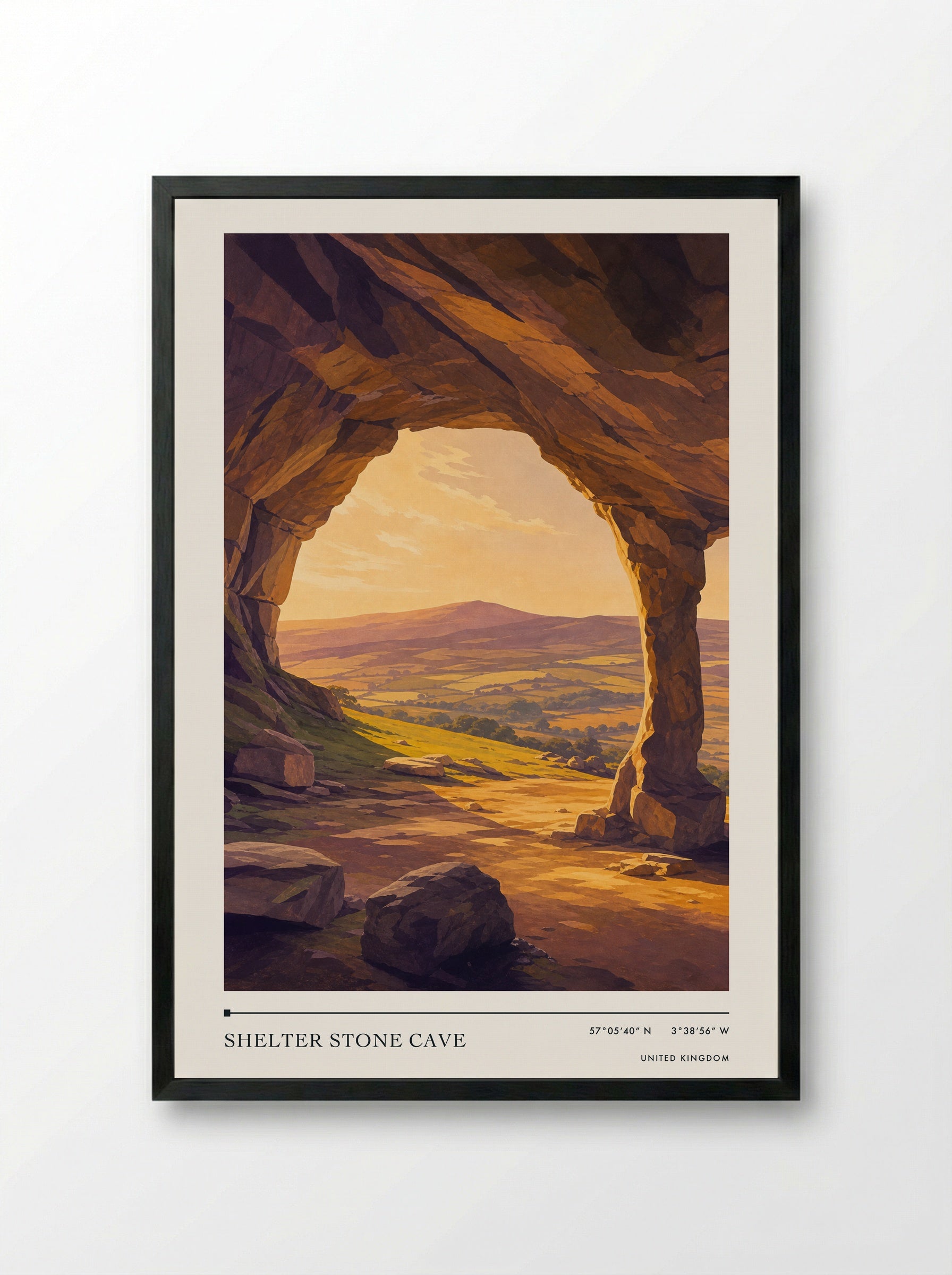 Shelter Stone Cave United Kingdom Travel Poster - Framed Print Black