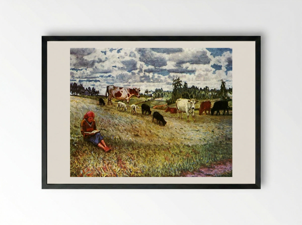 Shepherd Girl - Nikolay Bogdanov-Belsky - Framed Print Black