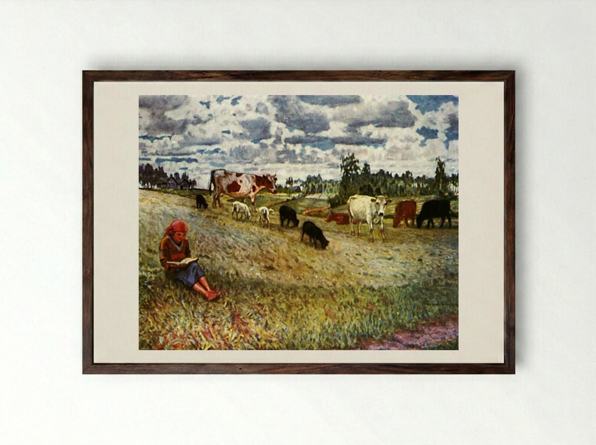Shepherd Girl - Nikolay Bogdanov-Belsky - Framed Print Dark Wood